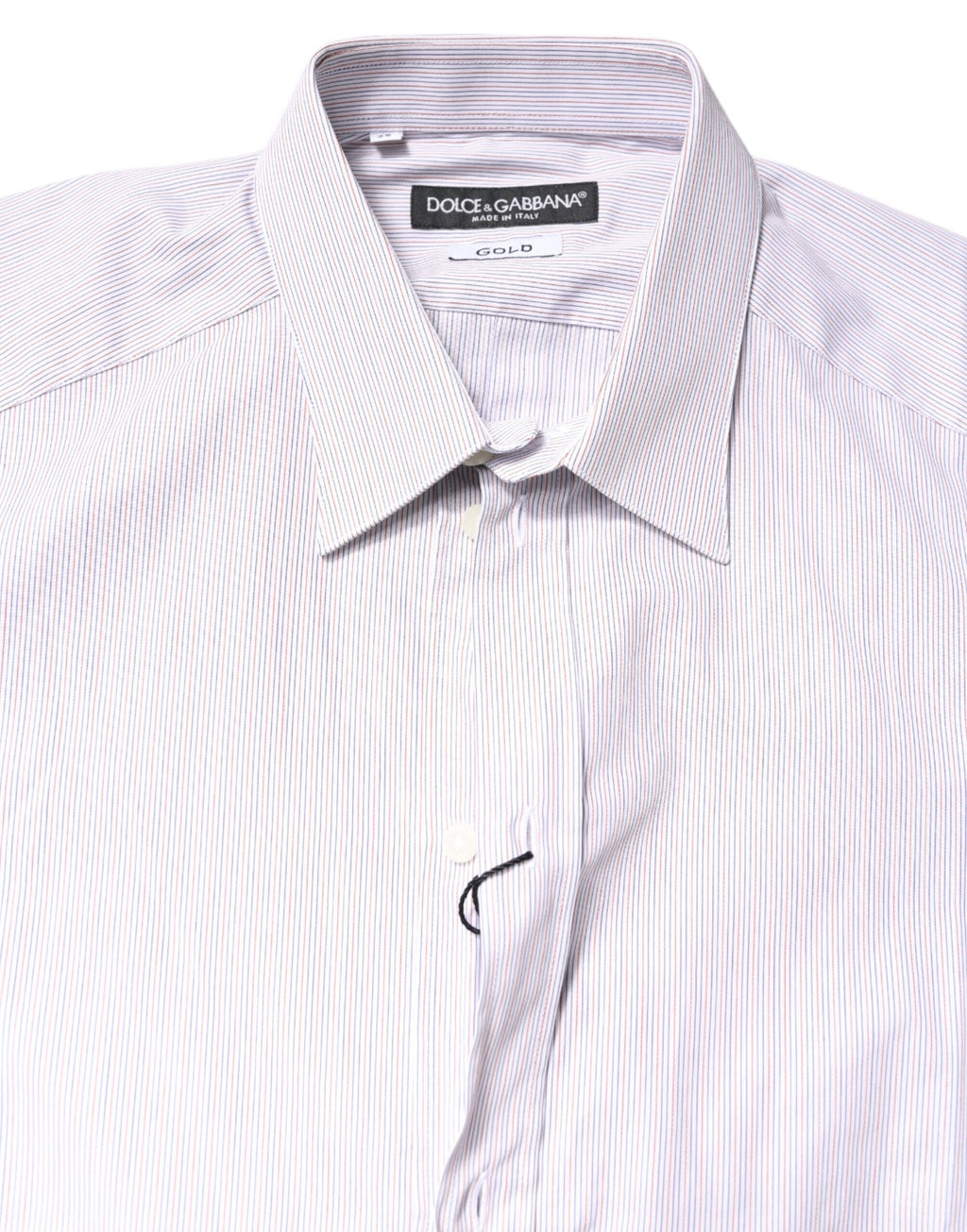 Chemise blanche à rayures en coton Dolce & Gabbana avec manches longues et détails dorés, vue de face.