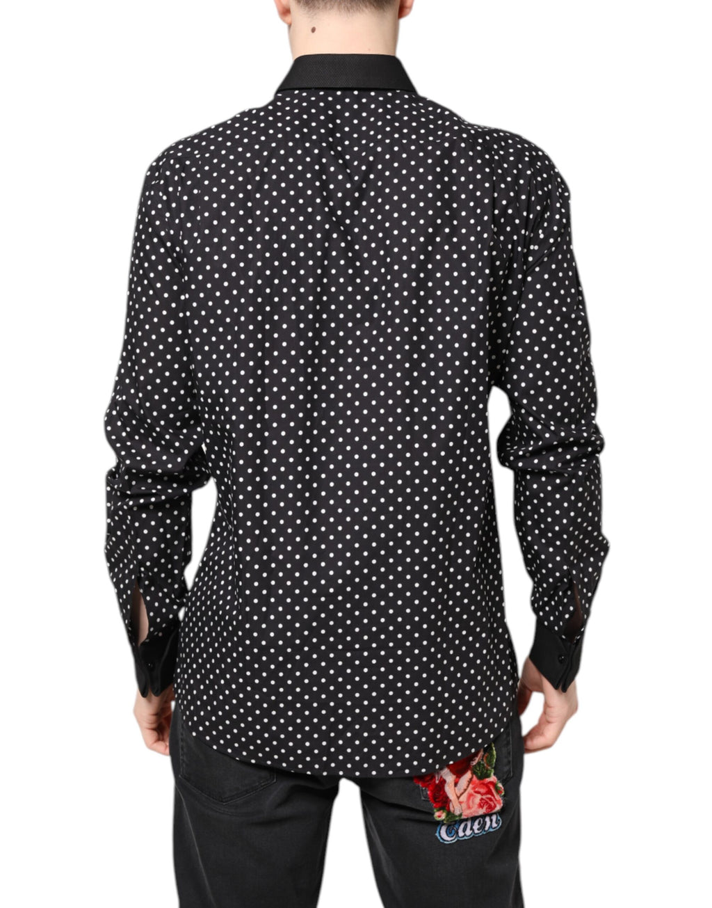Chemise formelle noire à pois en coton de Dolce & Gabbana, élégante et sophistiquée, avec col classique et boutons.