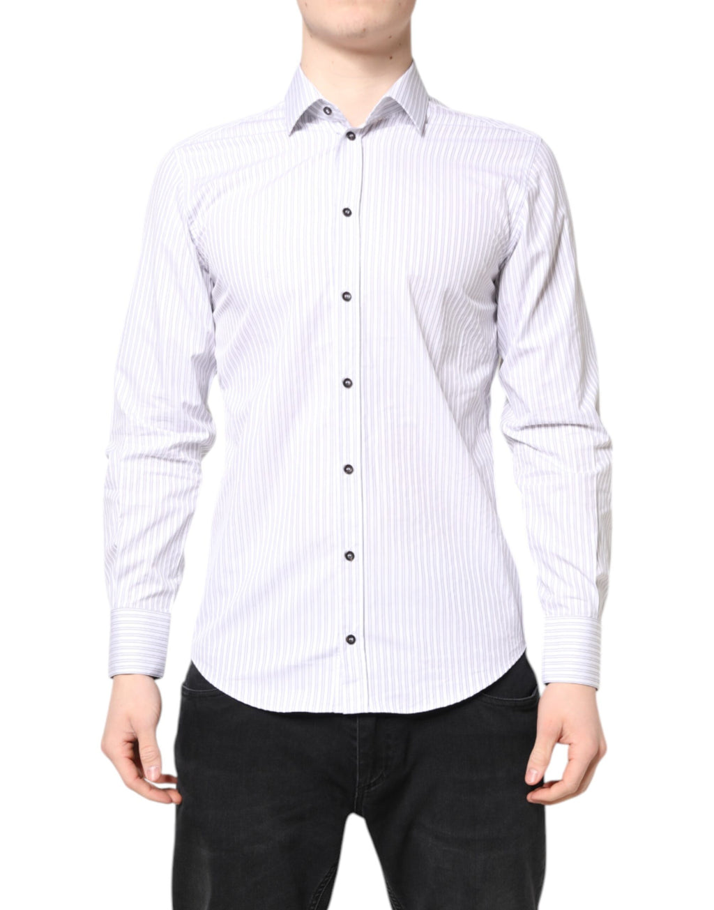 Chemise homme blanche à rayures en coton Dolce & Gabbana MARTINI avec col classique et manches longues, vue de face