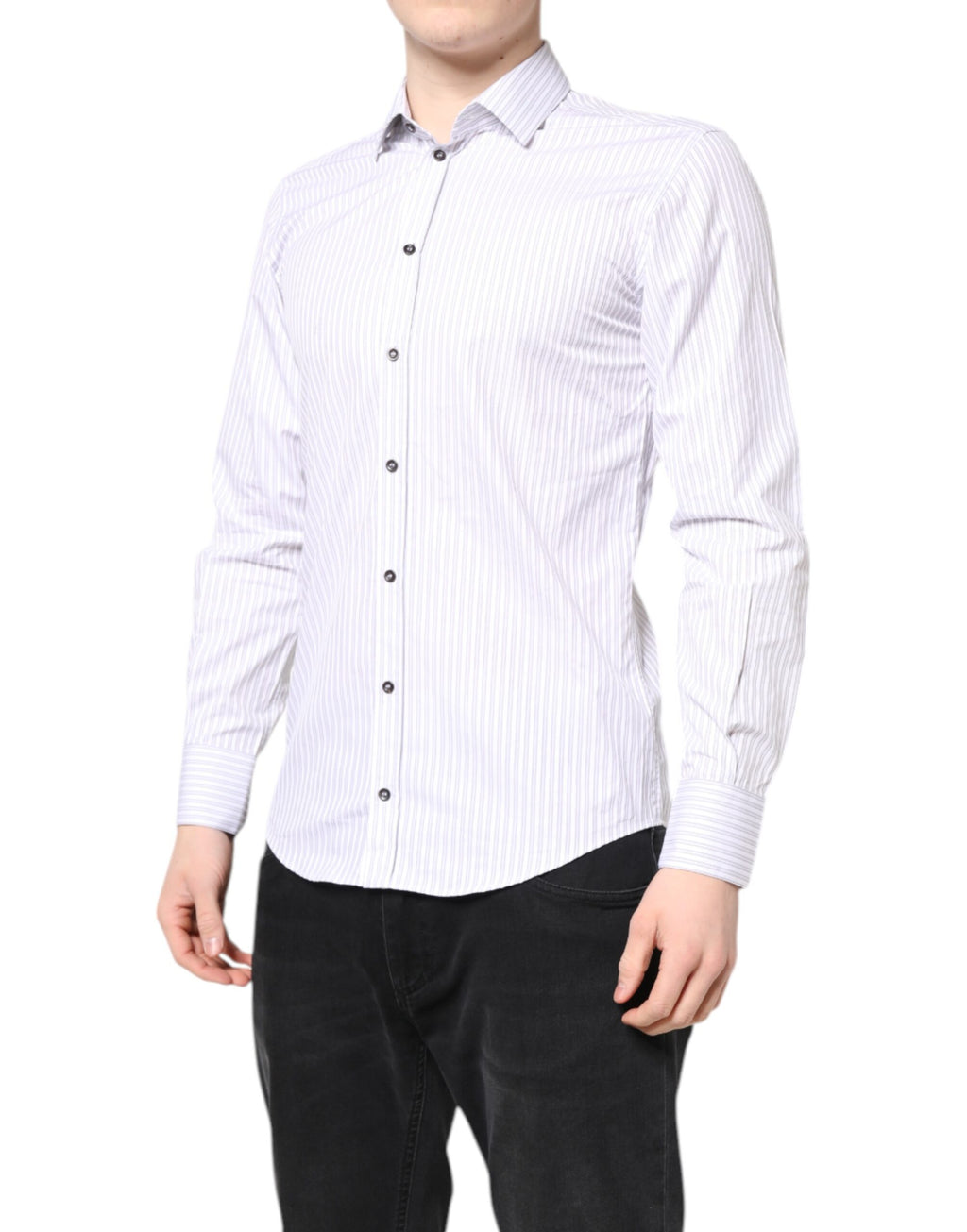 Chemise blanche à rayures en coton Dolce & Gabbana Martini pour homme, élégante et classique, avec col et boutons visibles.