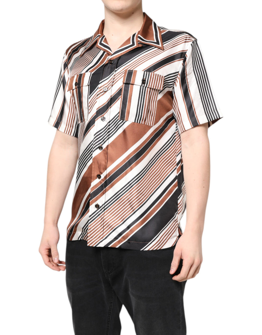 Chemise en soie à rayures multicolores de Dolce & Gabbana, manches courtes et élégant style coloré.