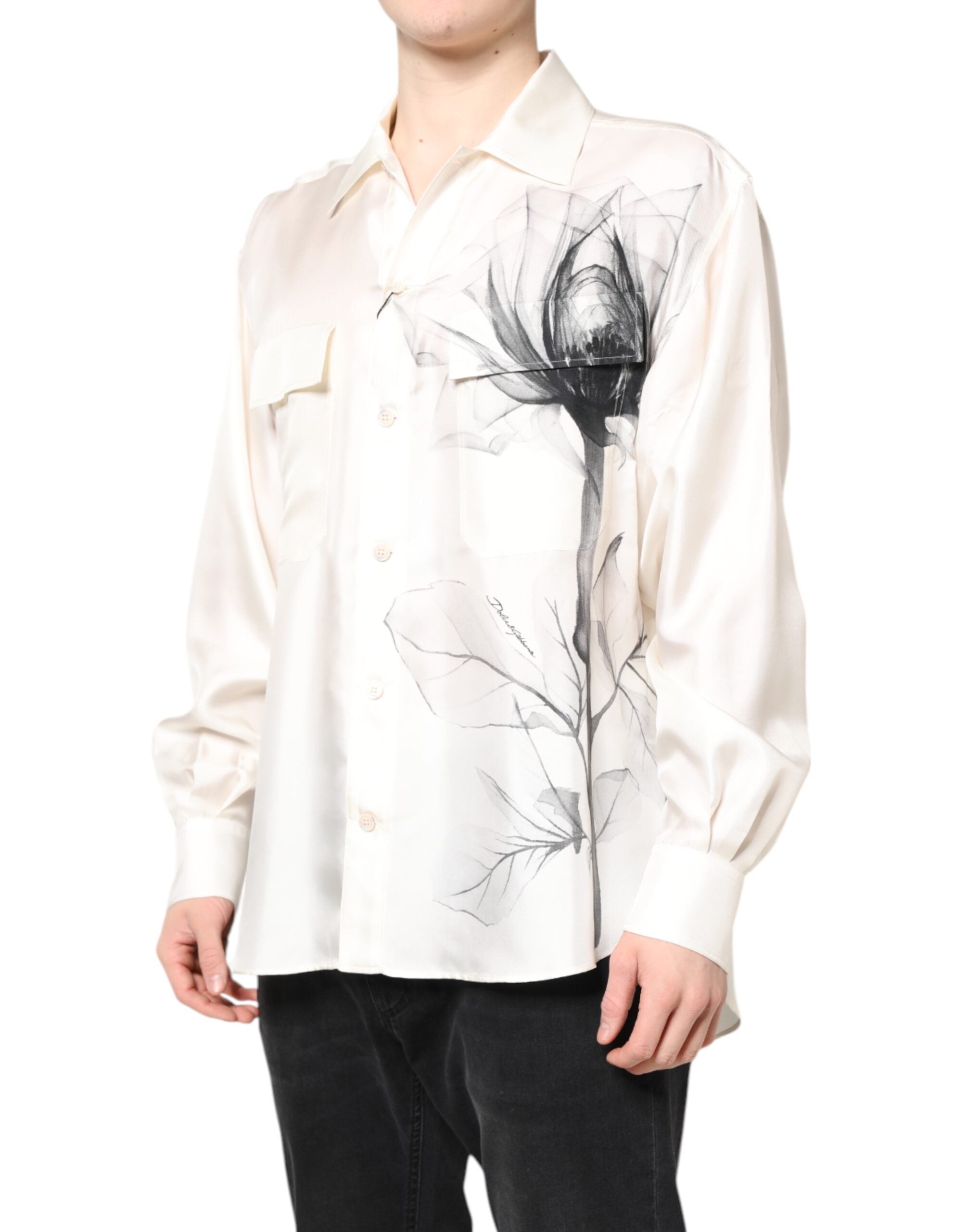 Chemise homme en soie ivoire à manches longues de Dolce & Gabbana, style décontracté élégant et sophistiqué.