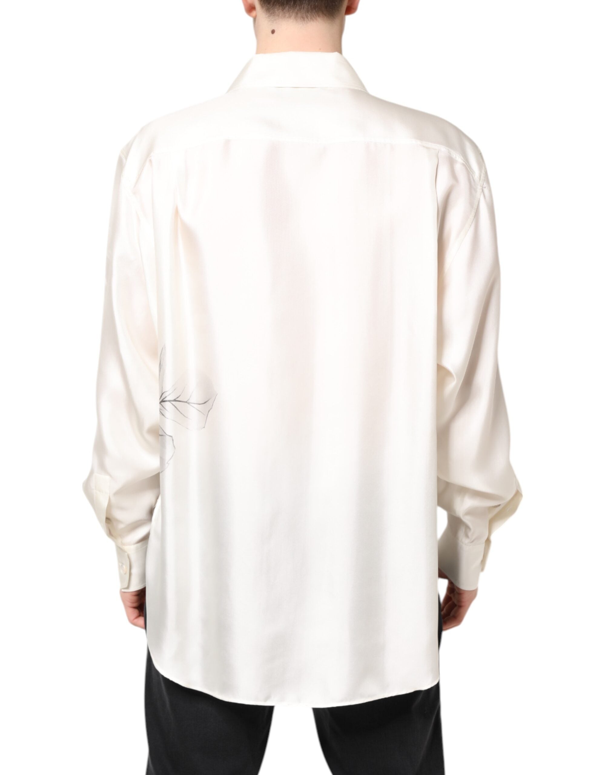 Chemise homme Dolce & Gabbana en soie ivoire à manches longues, style décontracté, vue de face.