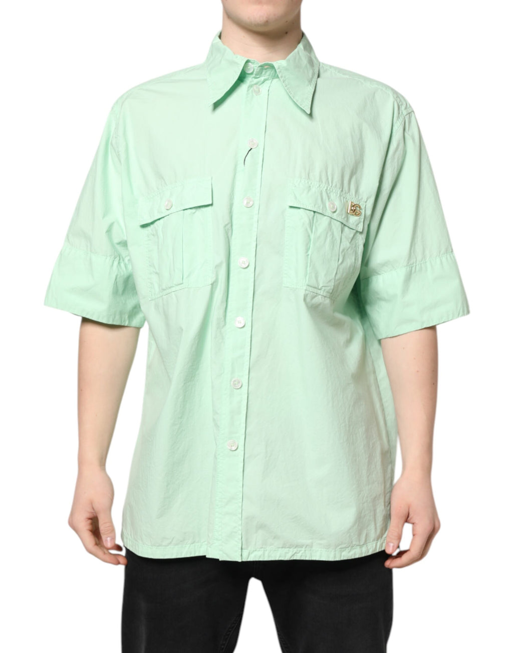 Chemise homme Dolce & Gabbana en coton vert à manches courtes, style décontracté et casual.