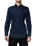 Chemise Dolce & Gabbana en coton bleu à manches longues avec détails dorés, style décontracté, vue de face.