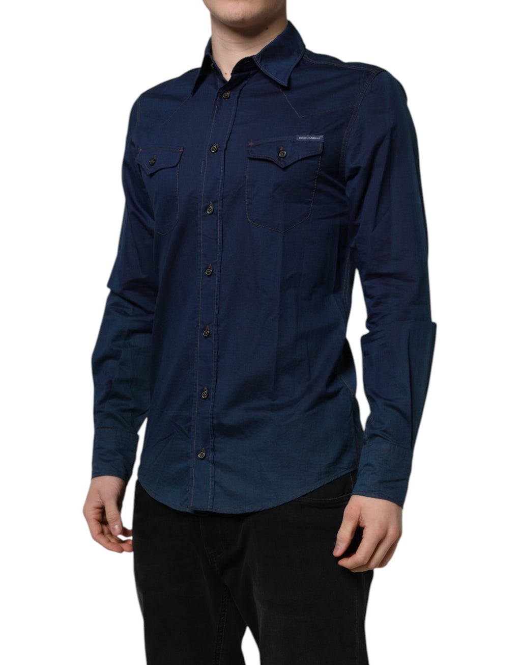 Chemise décontractée à manches longues en coton bleu Dolce & Gabbana avec détails dorés.