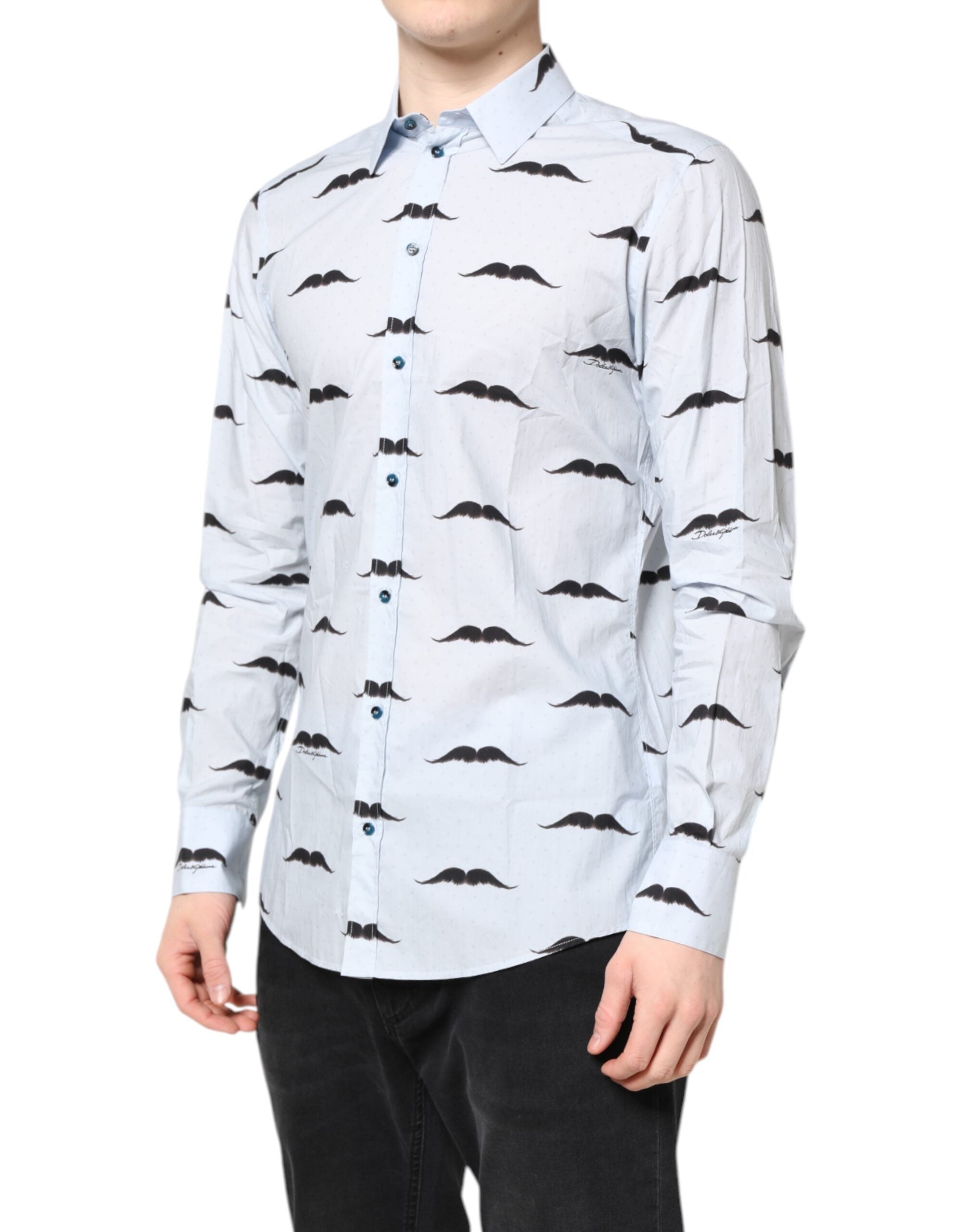 Chemise formelle en coton Dolce & Gabbana Light Blue Martini avec col classique et boutons, vue de face.