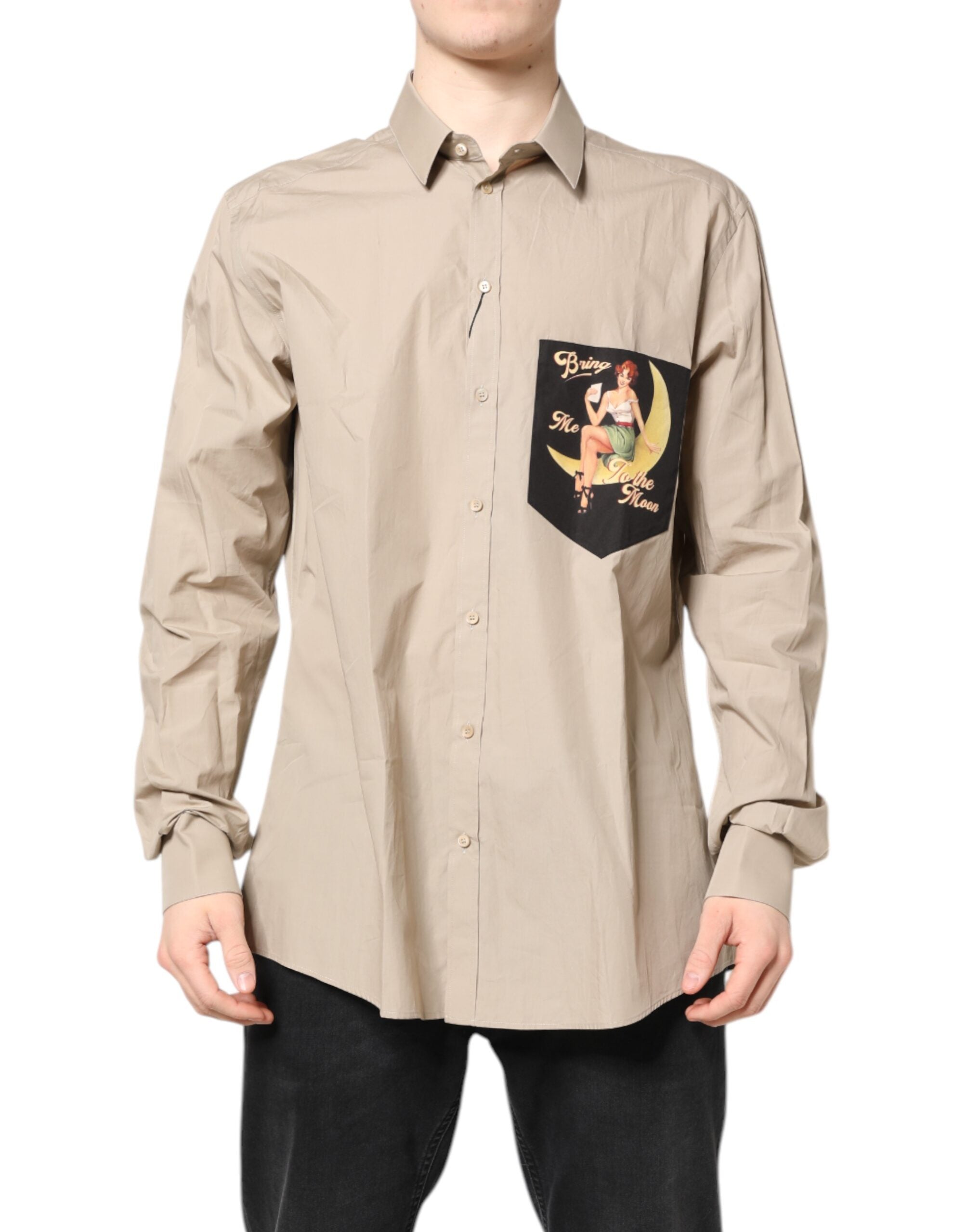Chemise décontractée beige Dolce & Gabbana Pin Up Print Martini pour homme, motif vintage élégant et style casual.