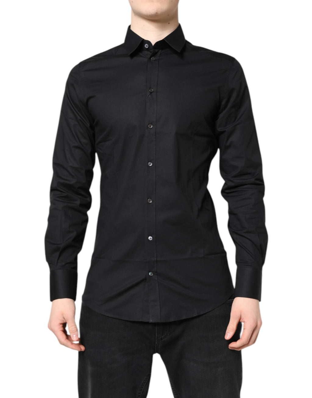 Chemise Dolce & Gabbana en coton noir avec manches longues et détails dorés, élégante et sophistiquée.