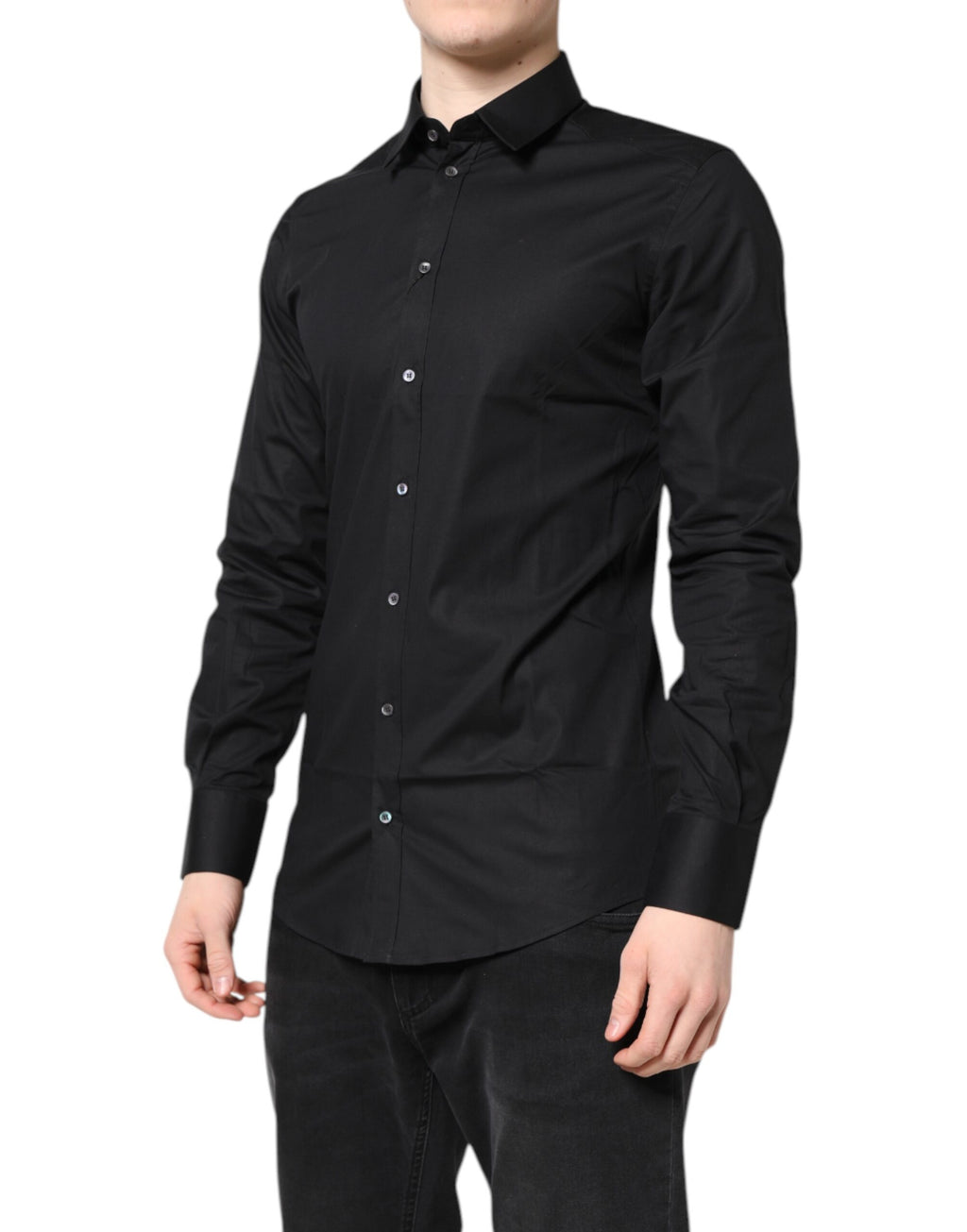 Chemise longue en coton noire Dolce & Gabbana avec boutons dorés et manches longues, élégante et sophistiquée.