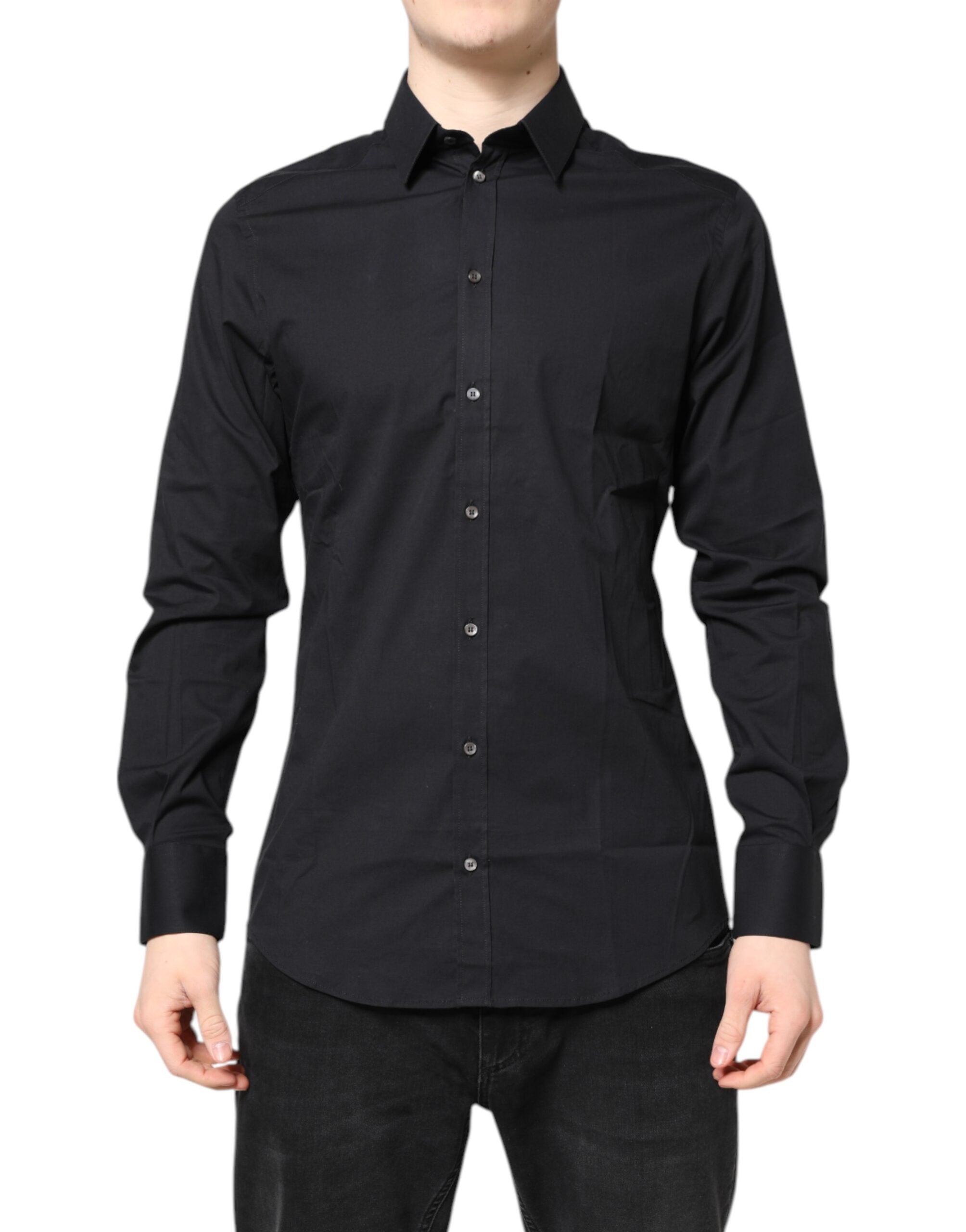 Chemise Dolce & Gabbana en coton noir avec manches longues et détails dorés, élégante et sophistiquée.