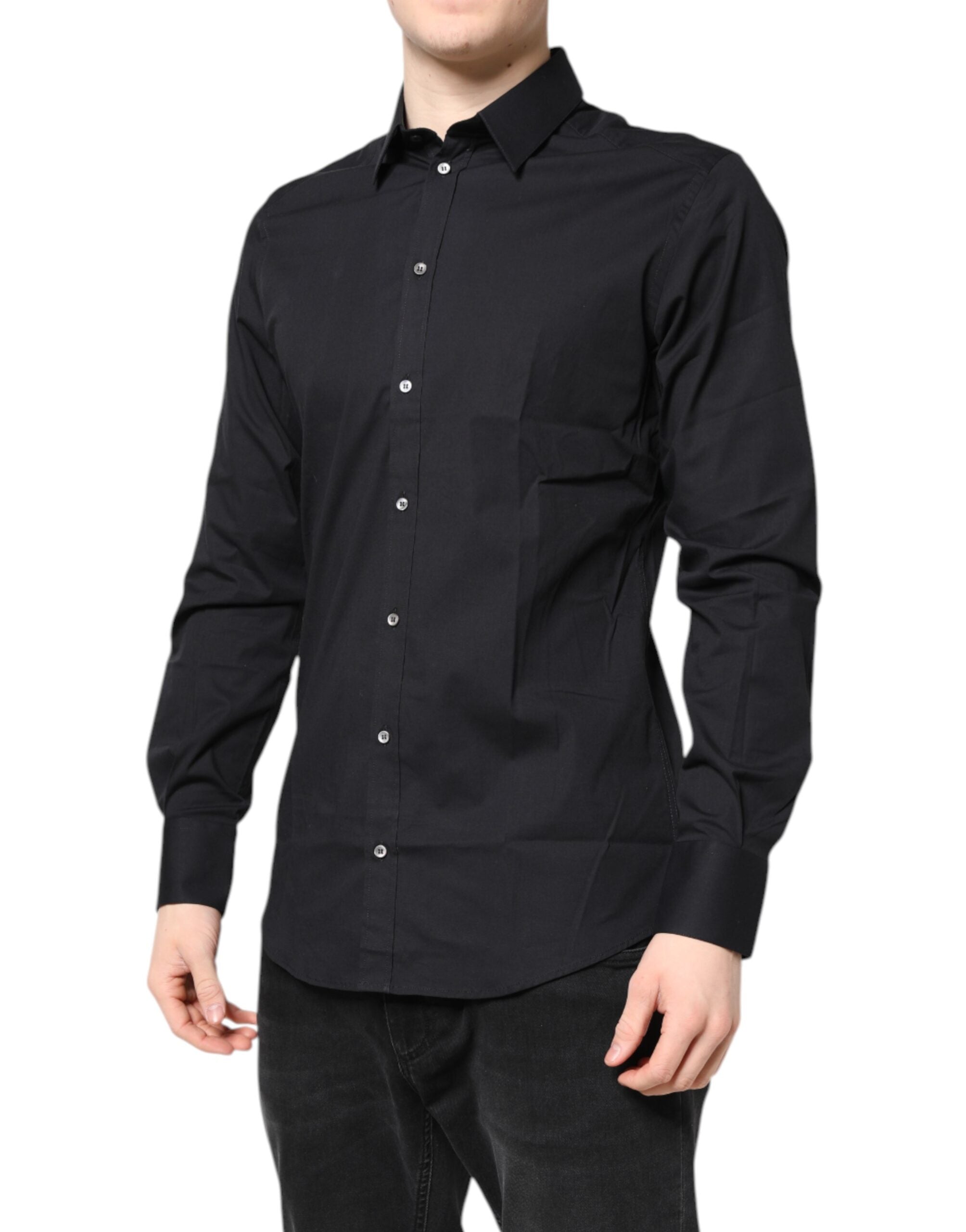 Chemise à manches longues Dolce & Gabbana en coton noir avec détails dorés, élégante et sophistiquée.