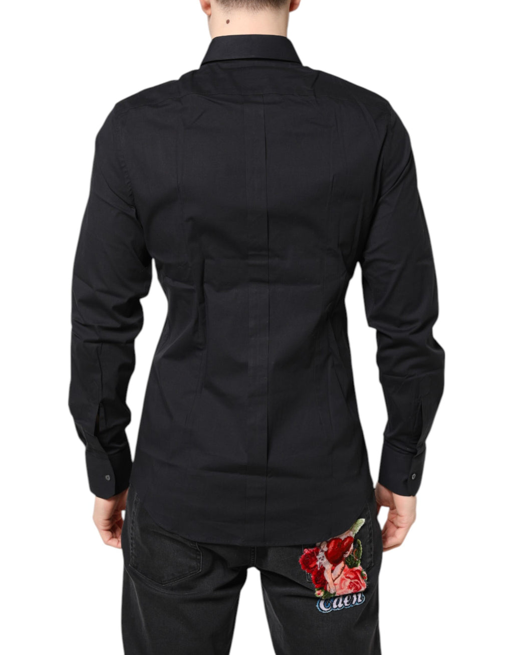 Chemise noire Dolce & Gabbana en coton à manches longues avec détails dorés, élégante et sophistiquée.