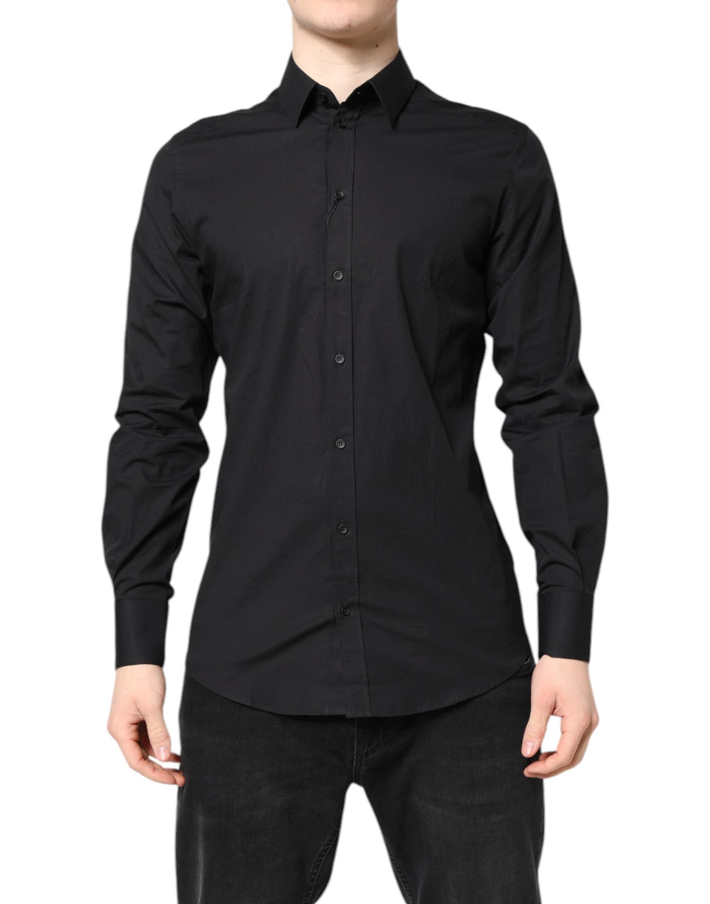 Robe noire en coton Dolce & Gabbana avec détails dorés, style élégant et formel, ajustée à la taille, vue de devant.