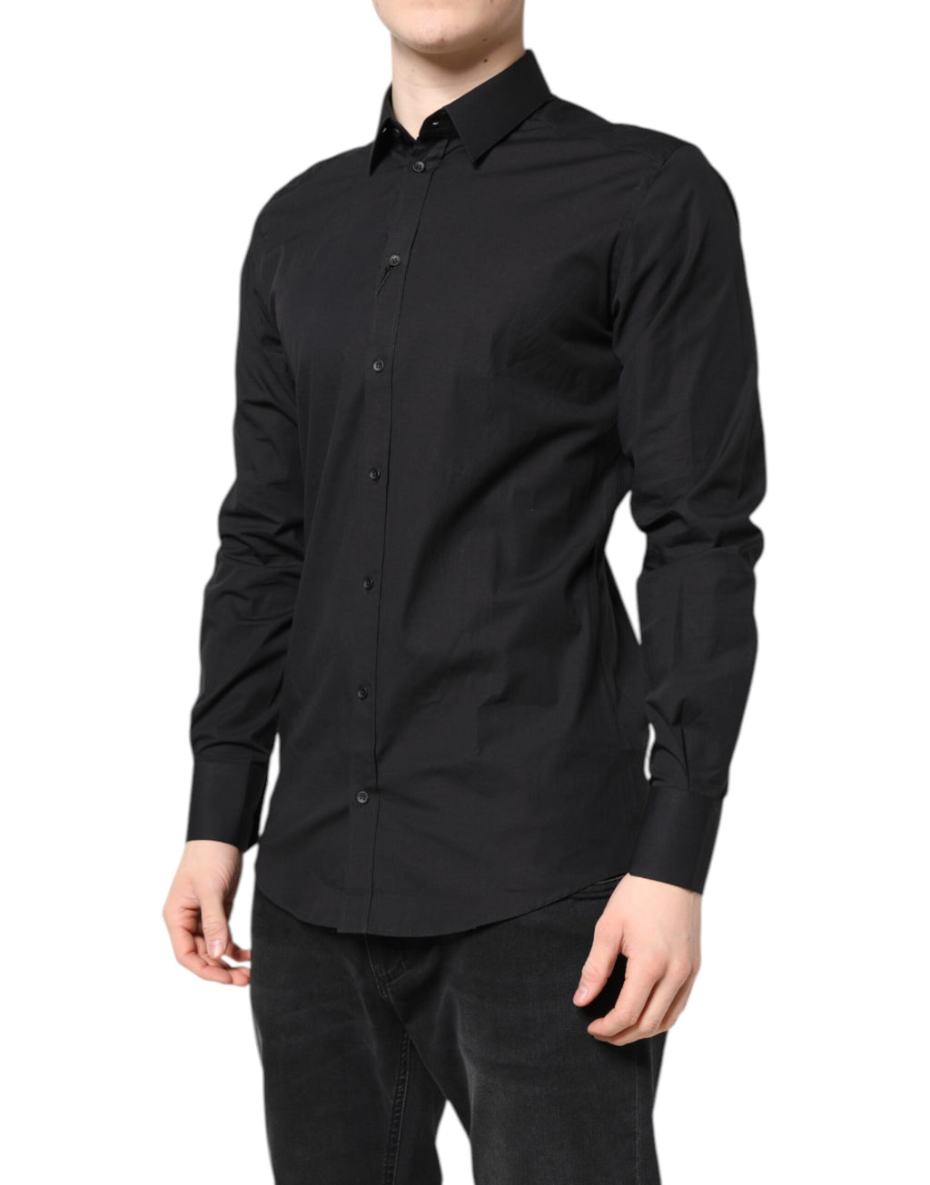 Chemise formelle Dolce & Gabbana en coton noir avec détails dorés, élégante et sophistiquée.