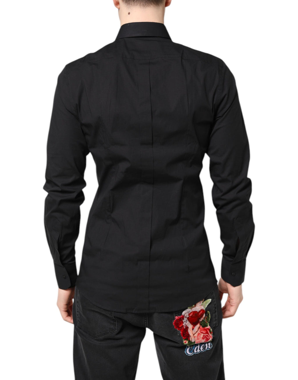 Chemise formelle Dolce & Gabbana en coton noir avec détails dorés, style élégant et sophistiqué.
