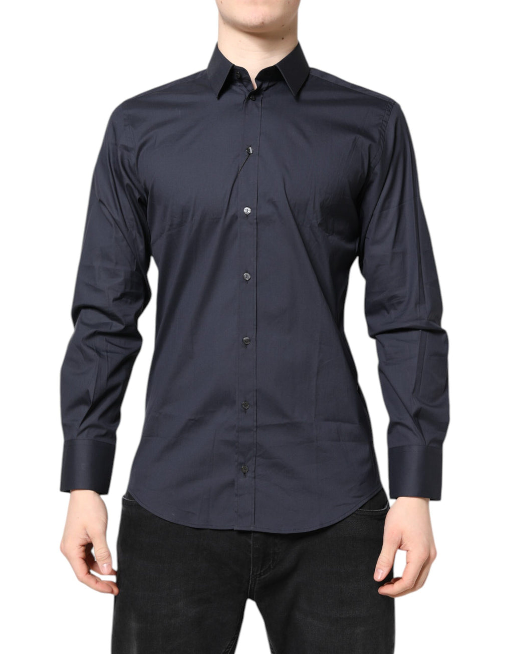 Chemise formelle en coton bleu marine Dolce & Gabbana MARTINI, style élégant avec col classique et boutons visibles.