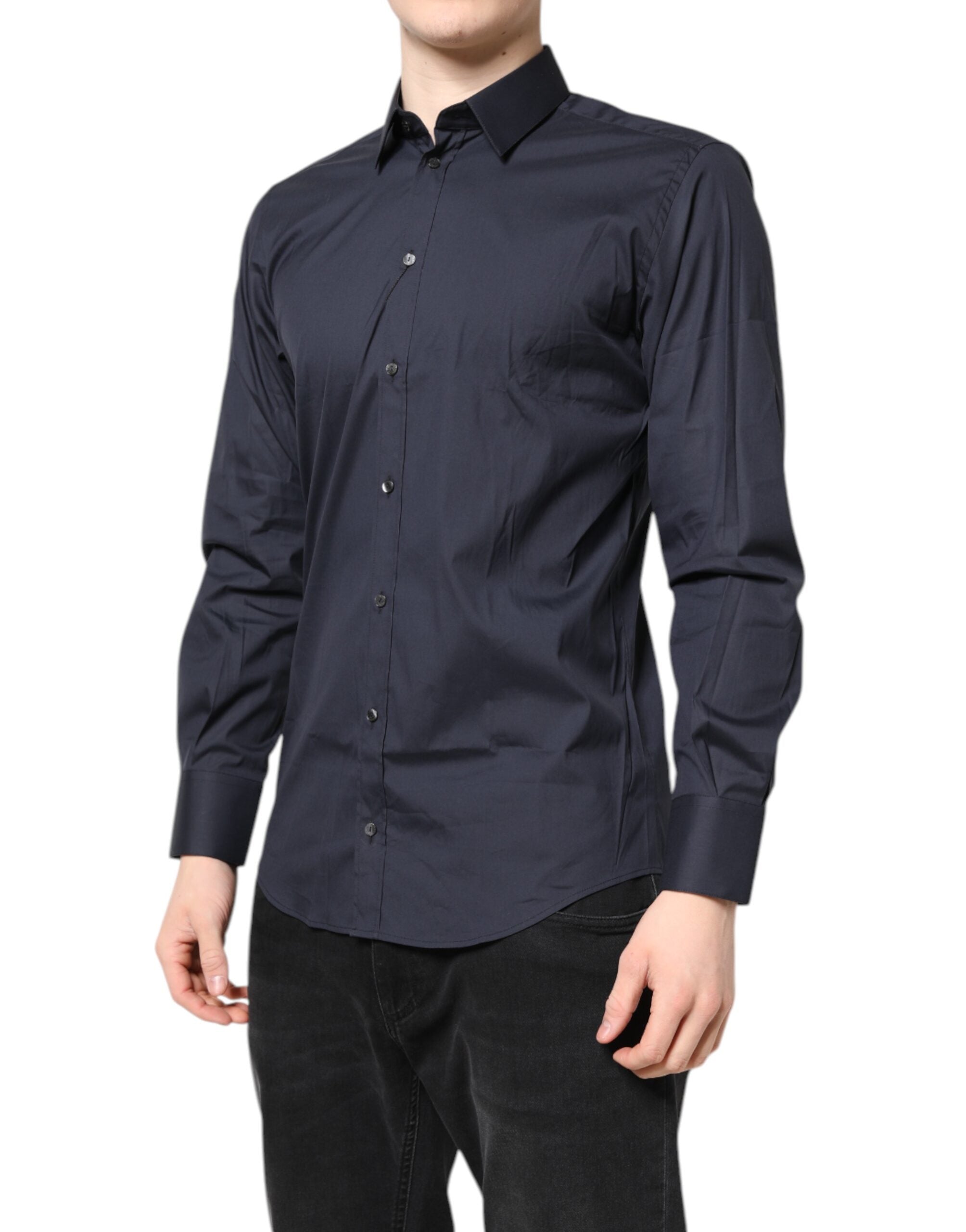 Chemise formelle en coton bleu foncé Dolce & Gabbana Martini pour femme, avec col classique et manches longues.