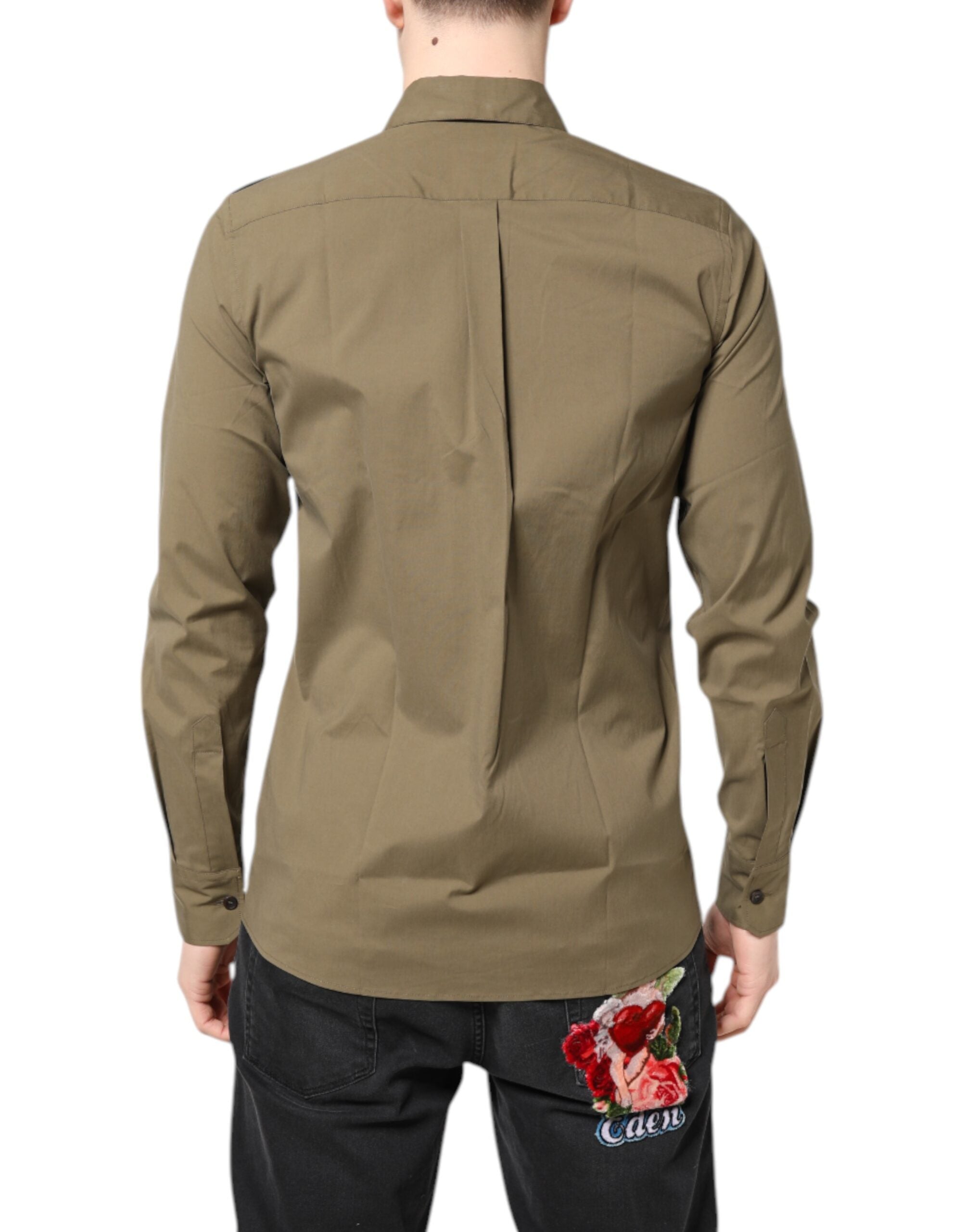 Chemise décontractée en coton stretch marron de Dolce & Gabbana avec manches longues, style casual et élégance sophistiquée