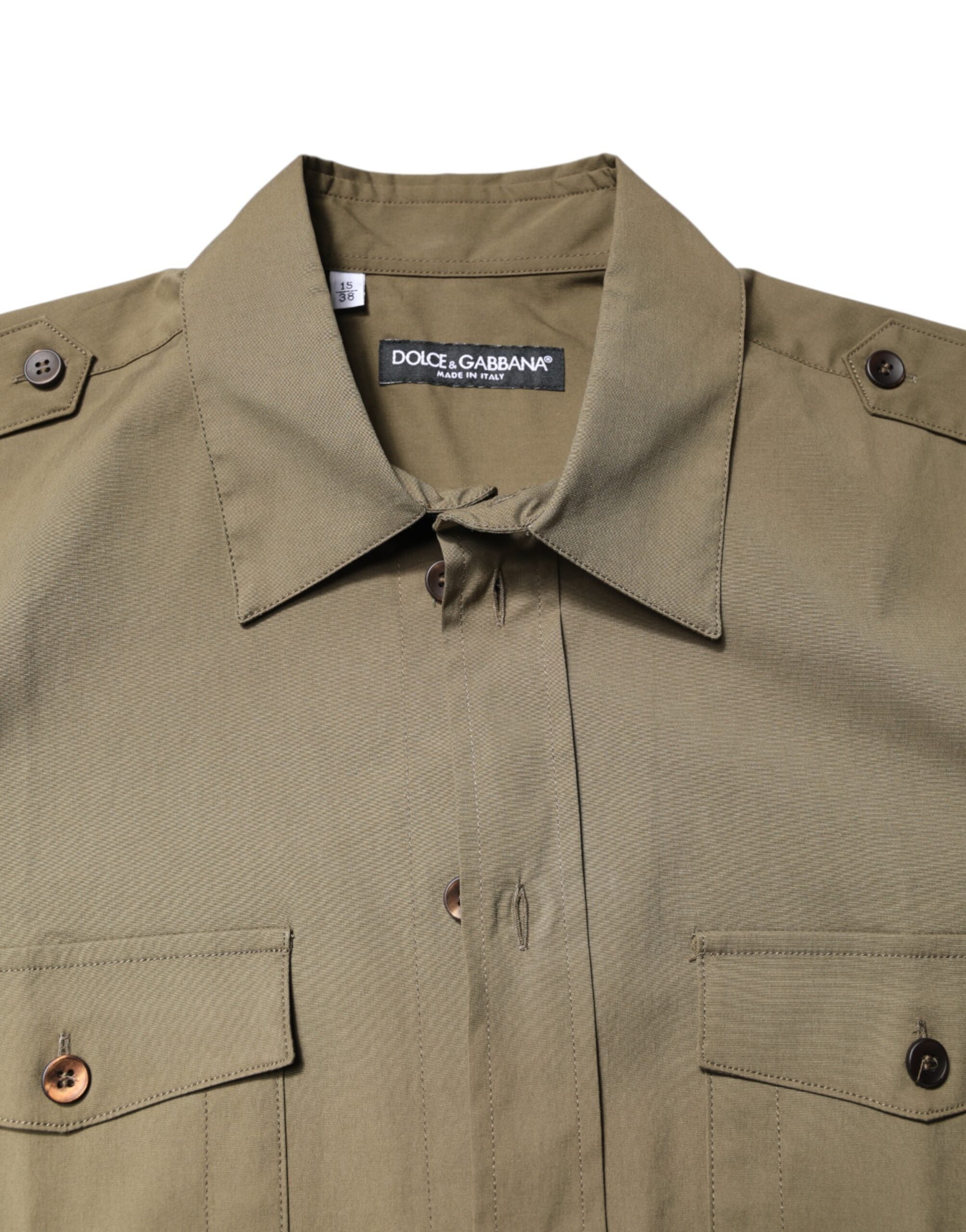 Chemise casual en coton stretch marron Dolce & Gabbana avec manches longues, vue de face, détails visibles.