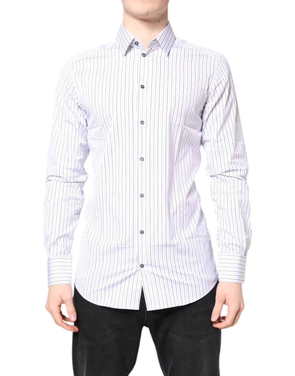Chemise formelle blanche à rayures Dolce & Gabbana en coton avec détails dorés, vue de face sur mannequin.