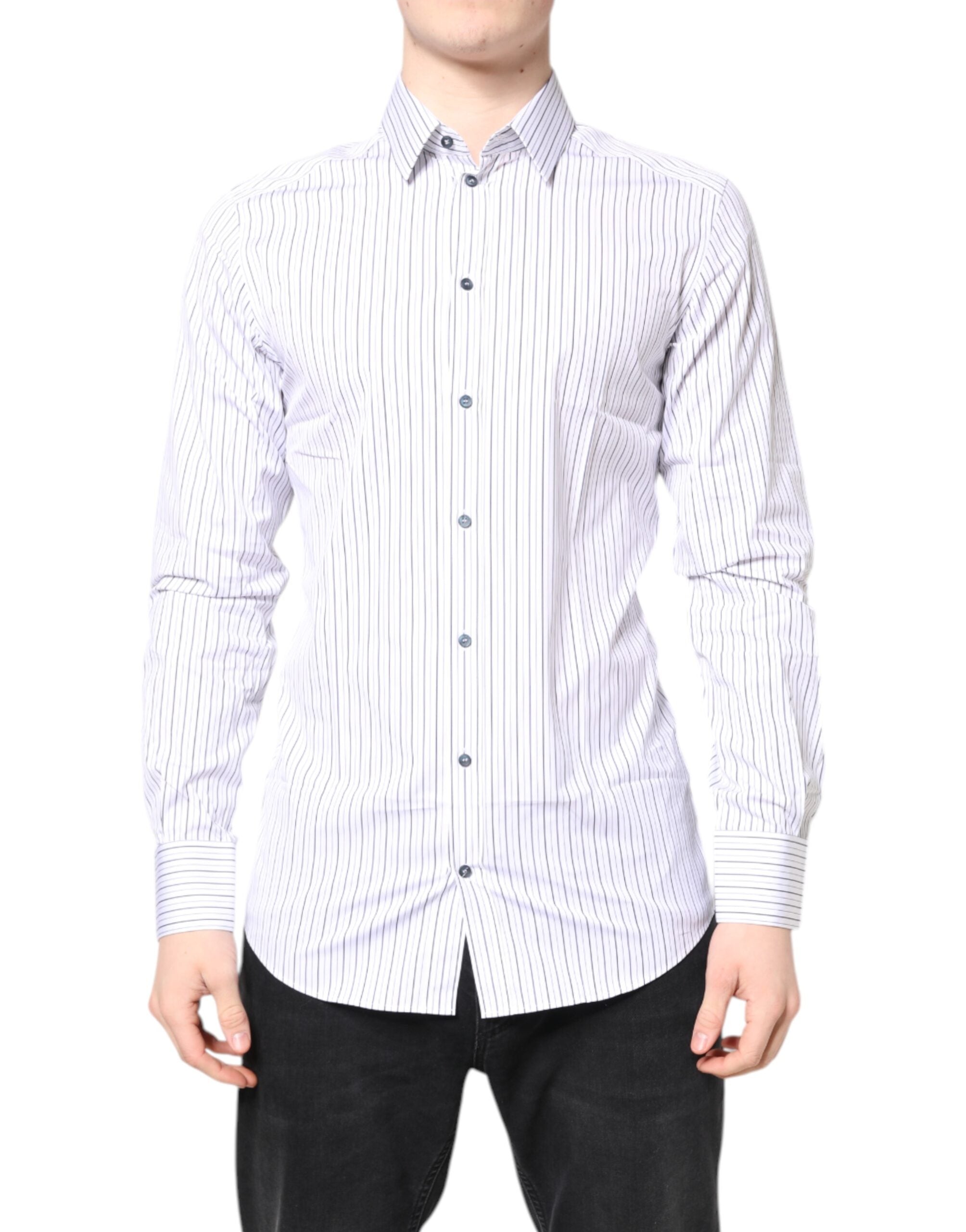 Chemise formelle blanche à rayures Dolce & Gabbana en coton avec détails dorés, vue de face sur mannequin.