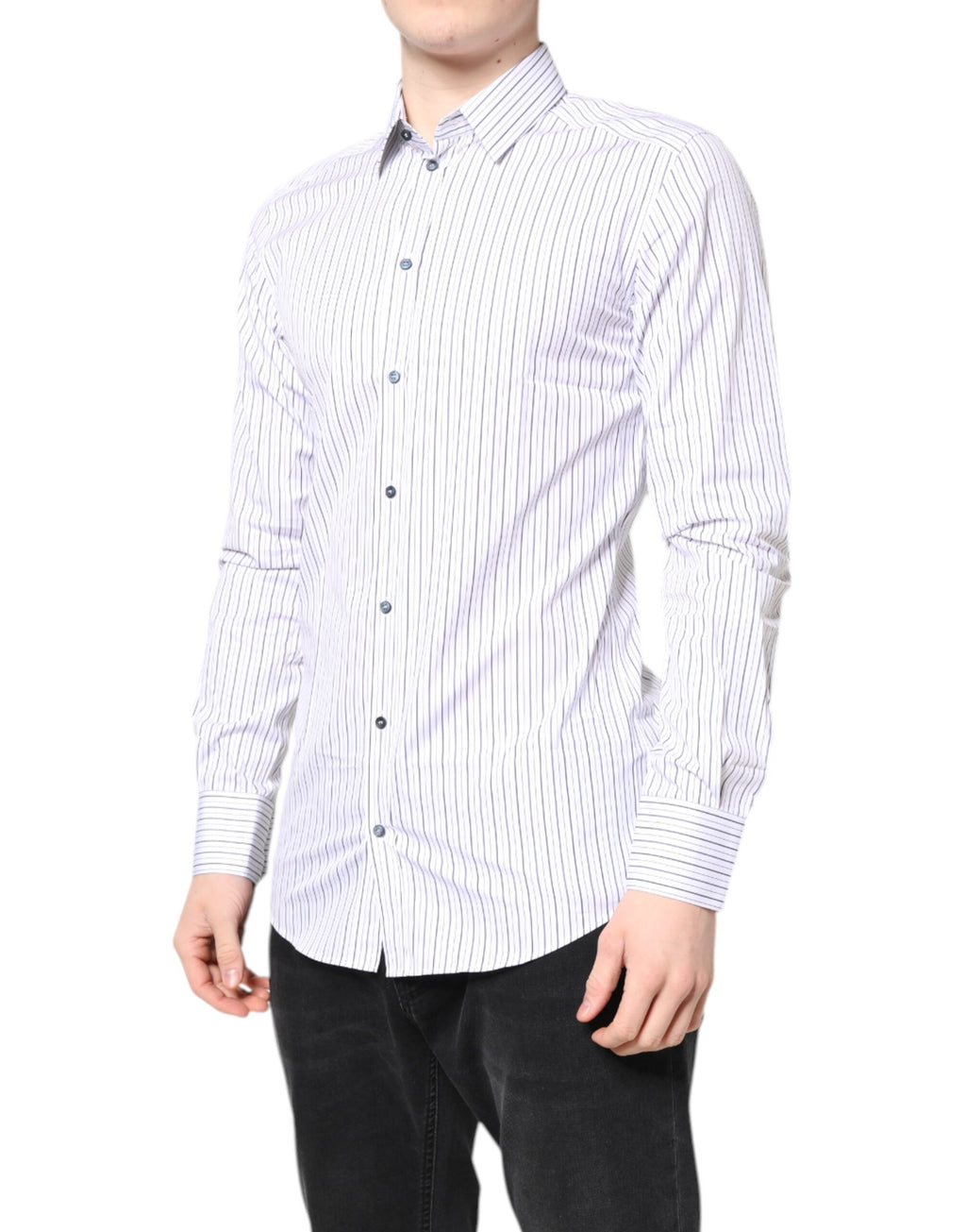 Chemise formelle en coton blanc à rayures Dolce & Gabbana avec détails dorés, vue de face.
