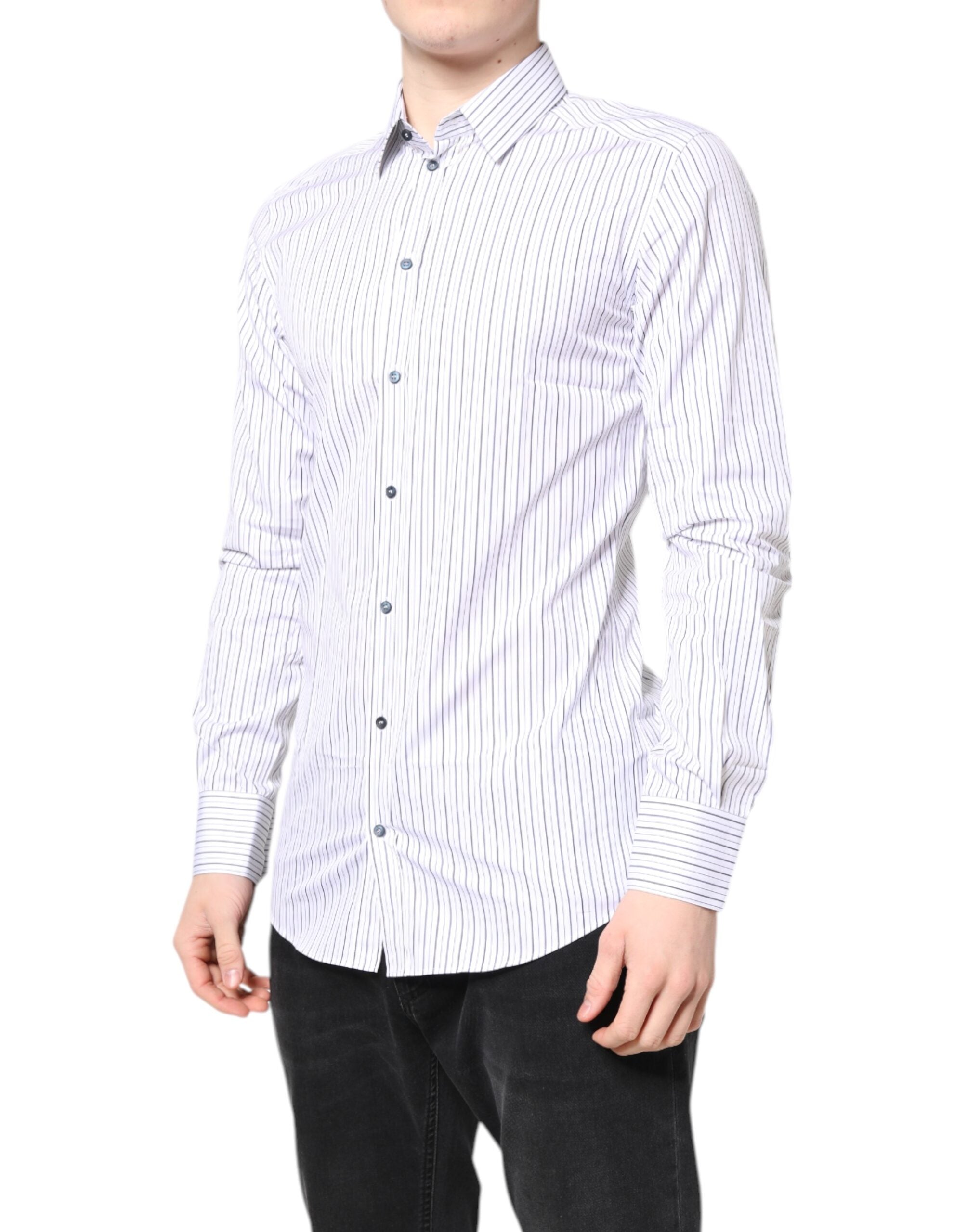 Chemise formelle en coton blanc à rayures Dolce & Gabbana avec détails dorés, vue de face.