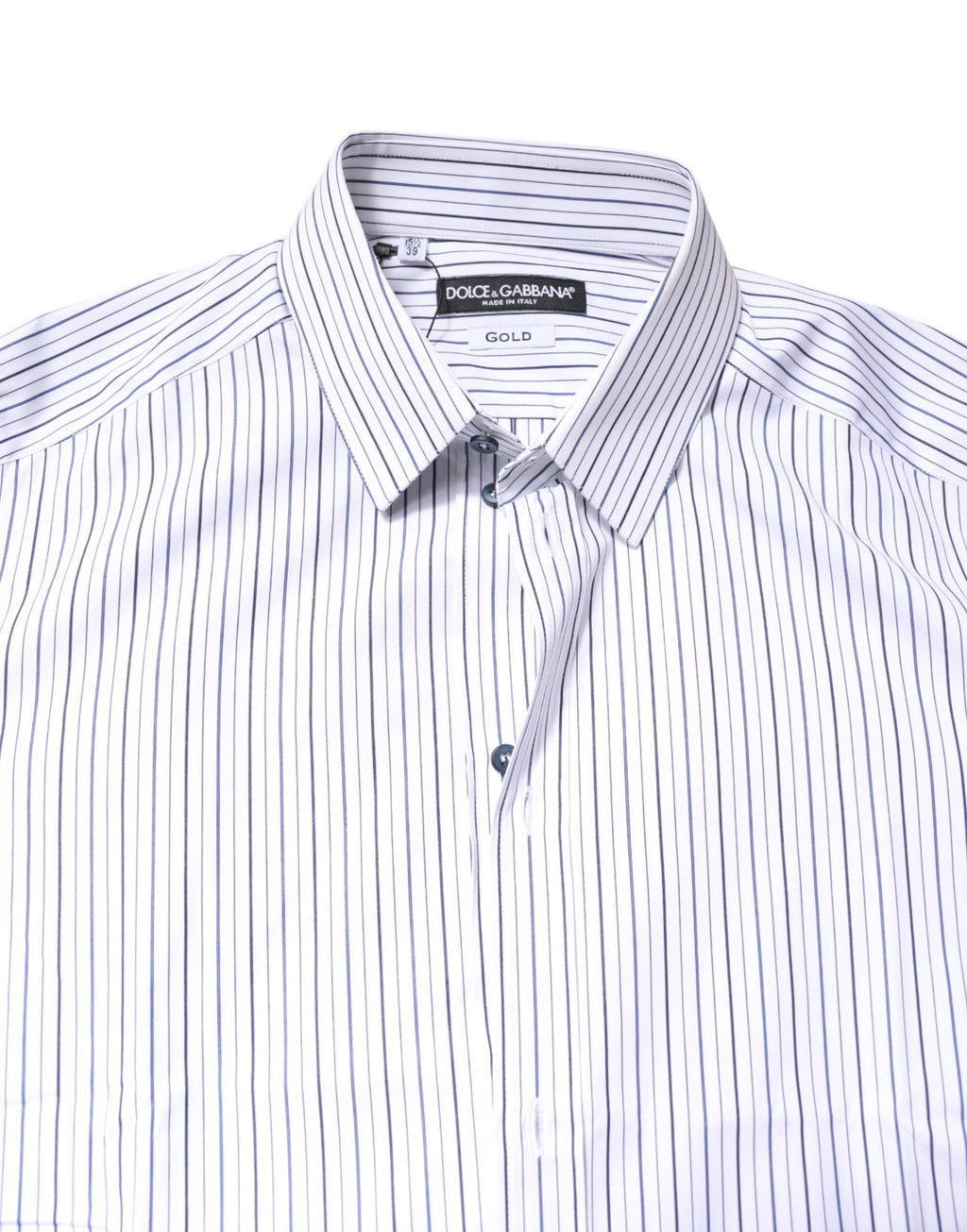 Chemise formelle blanche à rayures dorées en coton Dolce & Gabbana, vue détaillée du tissu et du design élégant.