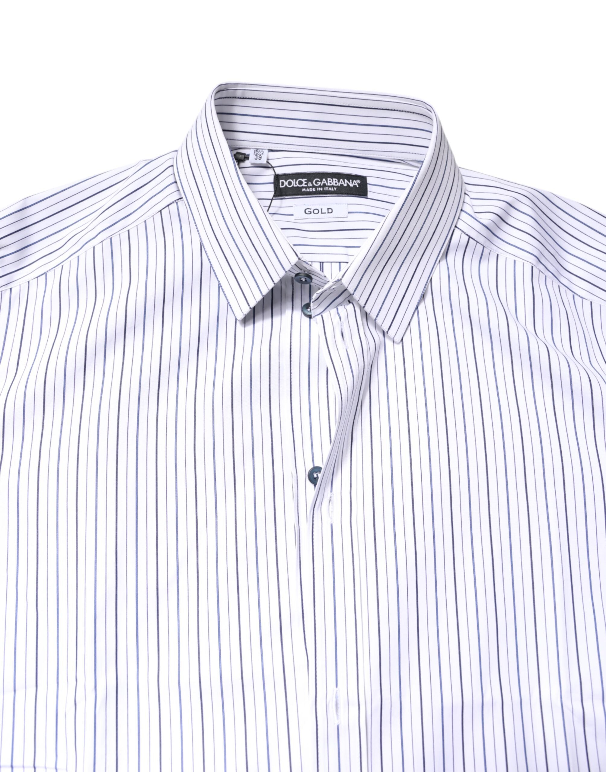 Chemise formelle blanche à rayures dorées en coton Dolce & Gabbana, vue détaillée du tissu et du design élégant.