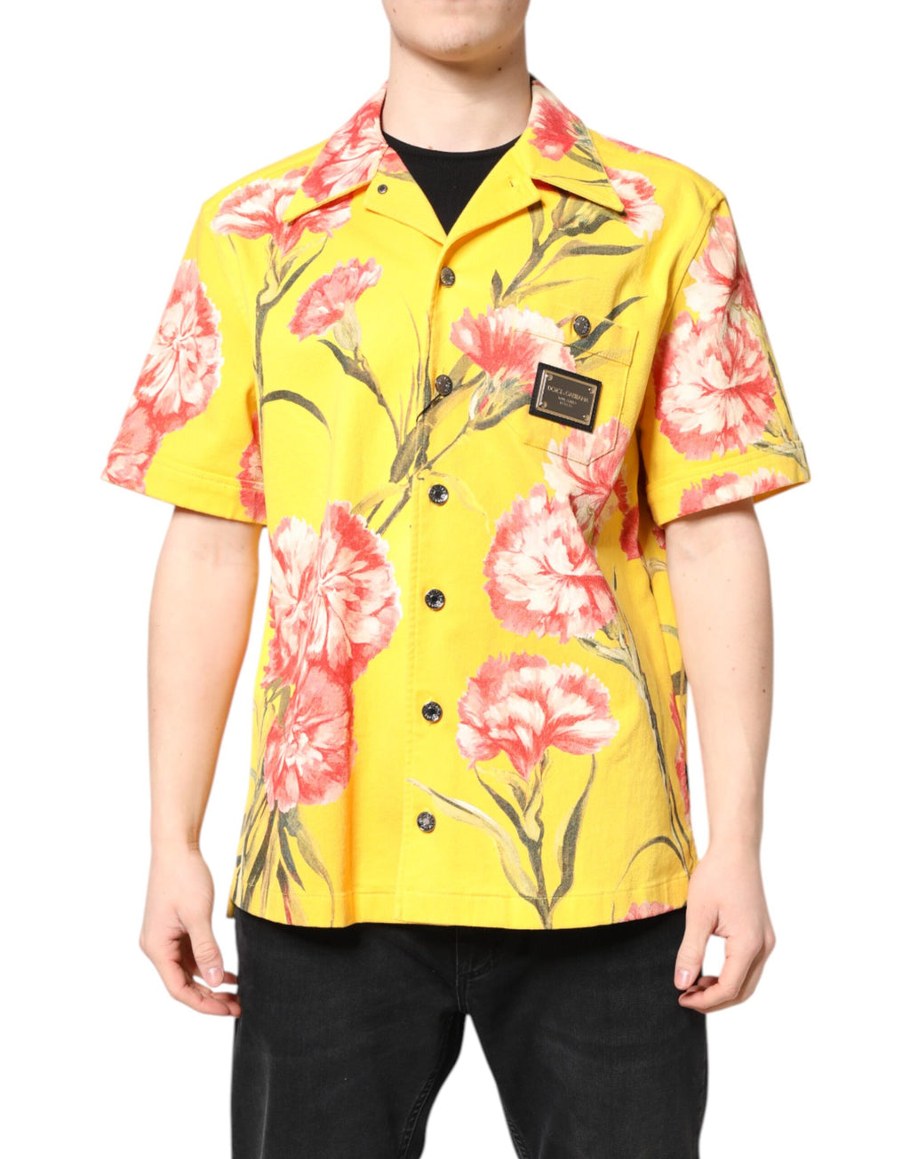 Chemise décontractée jaune à fleurs pour homme Dolce & Gabbana, boutonnière, style casual, tissu léger et élégant.