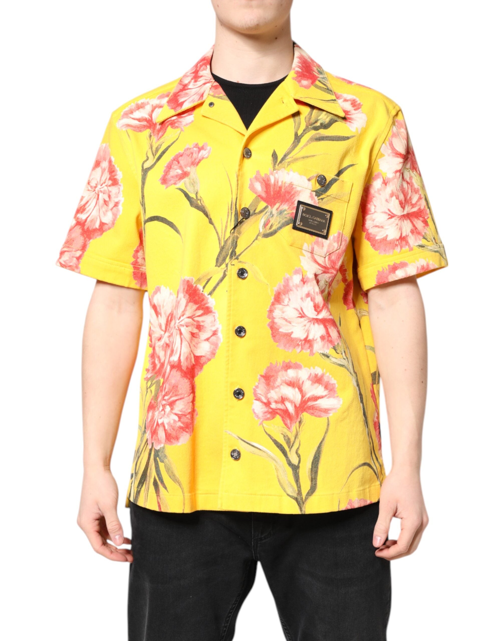 Chemise décontractée jaune à fleurs pour homme Dolce & Gabbana, boutonnière, style casual, tissu léger et élégant.