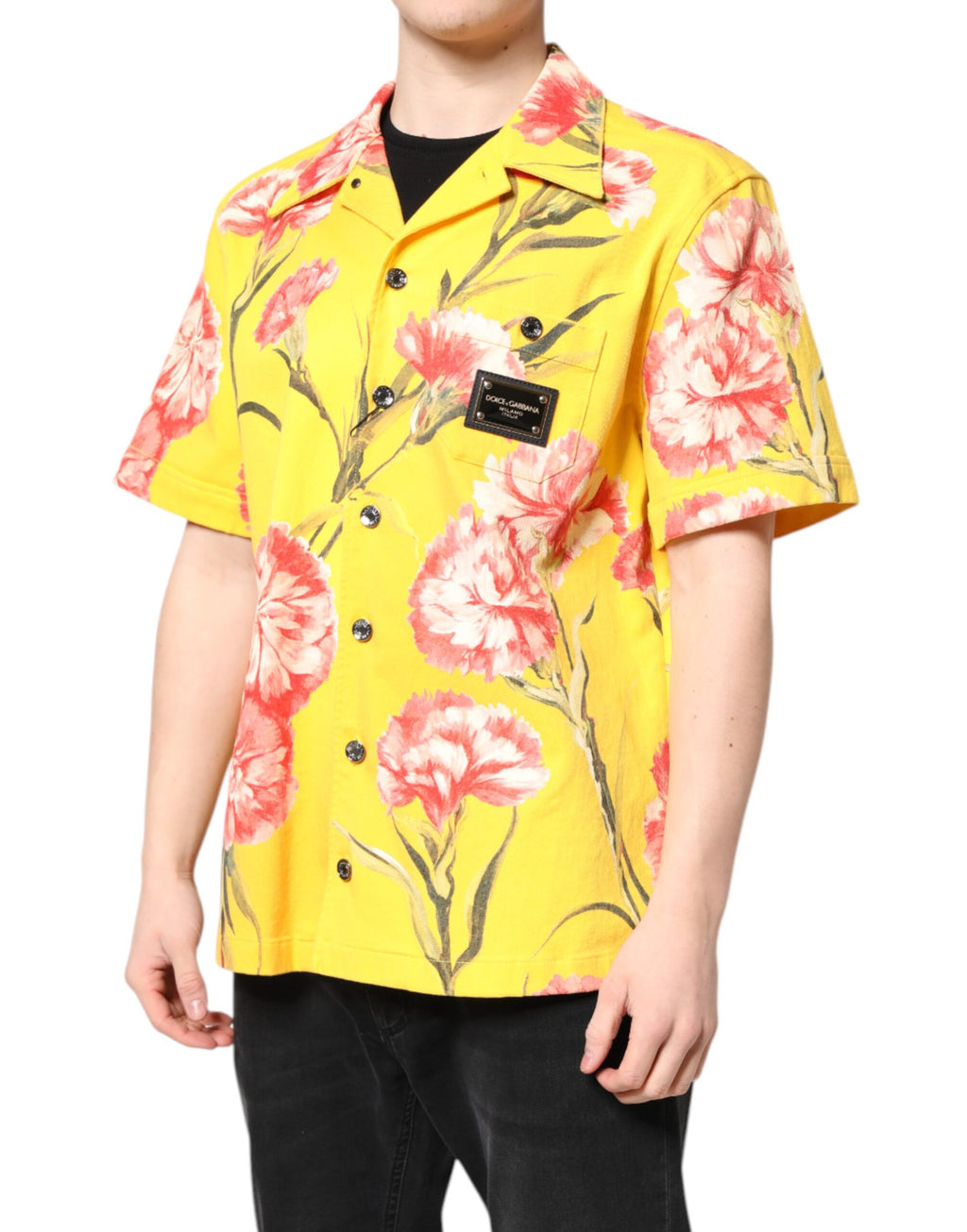 Chemise homme Dolce & Gabbana à fleurs jaunes, boutonnière décontractée, tissu léger et style élégant pour homme.