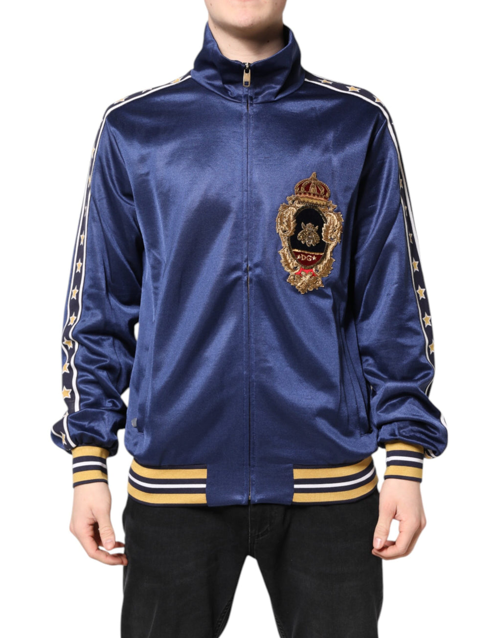 Sweat-shirt bomber bleu en nylon Dolce & Gabbana avec logo, manches longues et patch distinctif, pour homme.