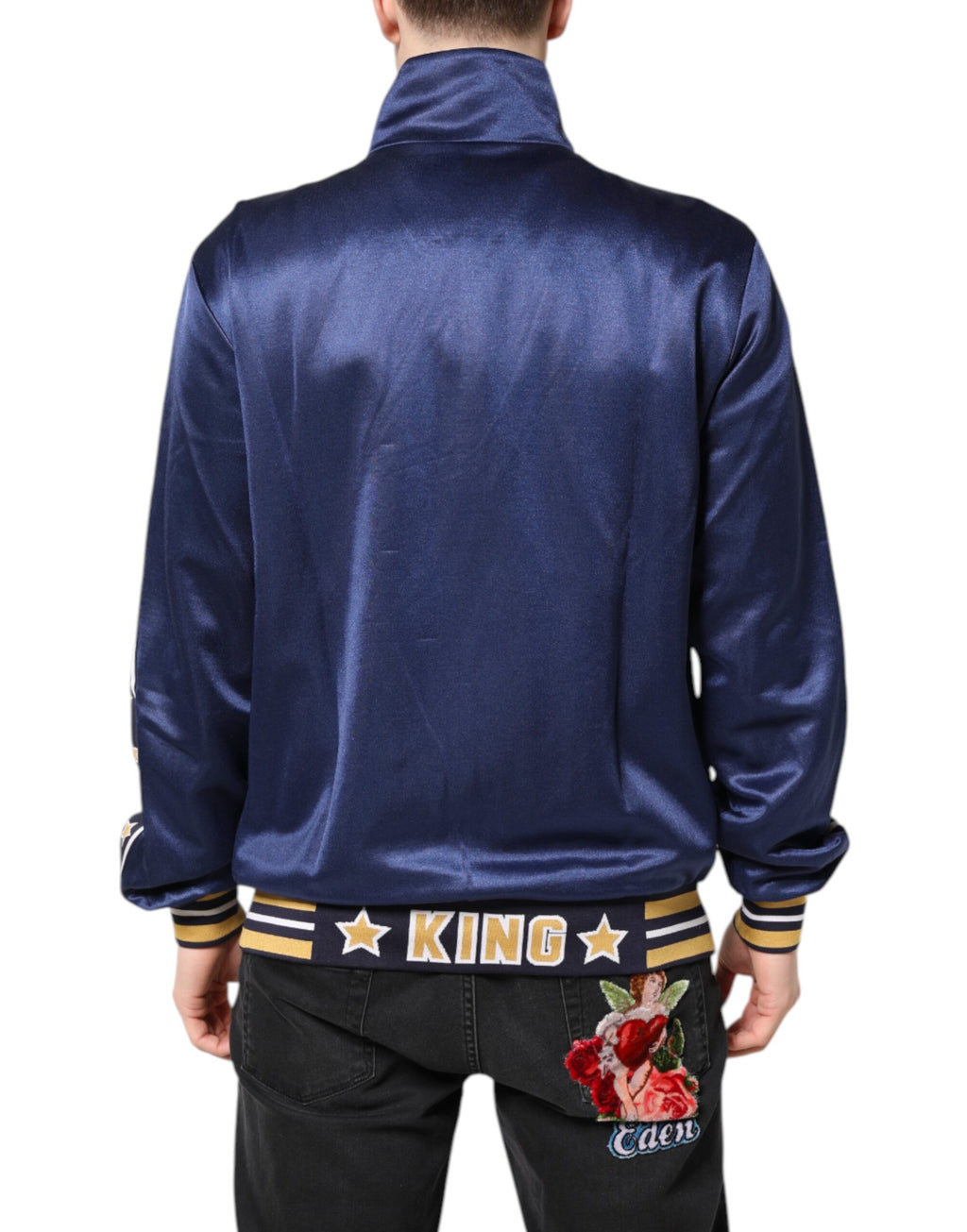 Sweat-shirt bomber en nylon bleu Dolce & Gabbana avec logo et patch pour homme, vue de face.