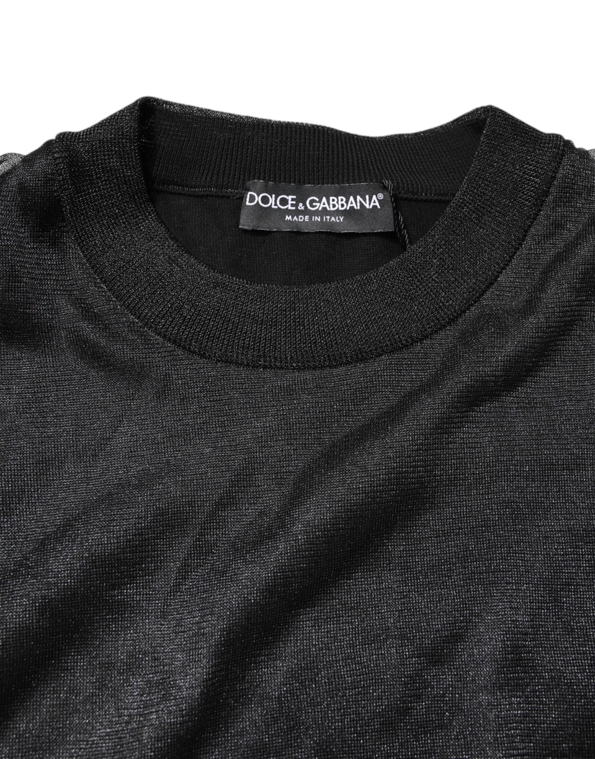 Pull à col rond en maille noire Dolce & Gabbana avec logo, pull-over élégant pour homme ou femme.