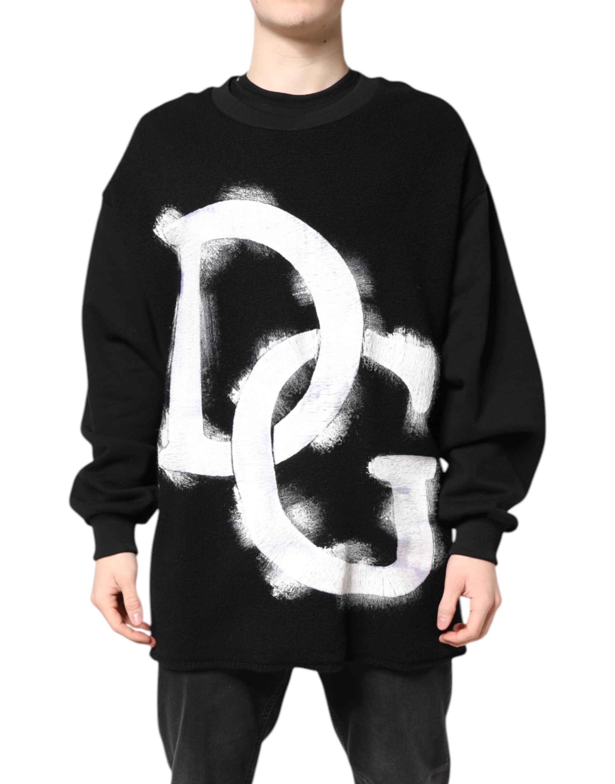 Pull à manches longues noir en coton avec logo imprimé, pour homme, de la marque Dolce & Gabbana.