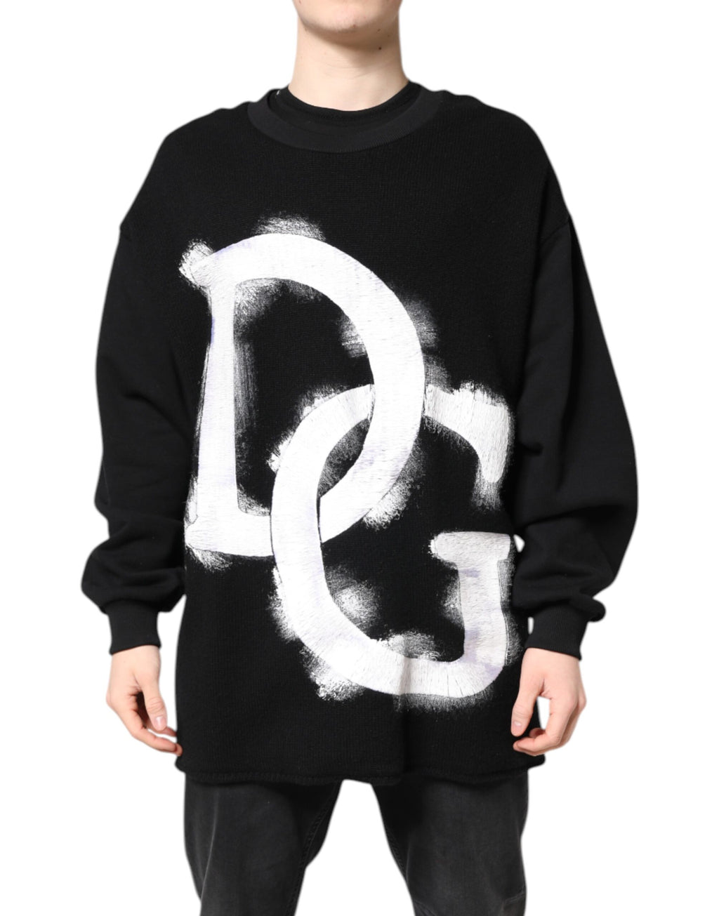 Pull à manches longues Dolce & Gabbana en coton noir avec logo imprimé pour homme, style décontracté et moderne.