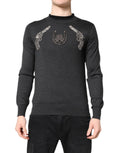 Pull à manches longues Dolce & Gabbana en tricot gris avec broderies pour homme, style élégant et confortable.