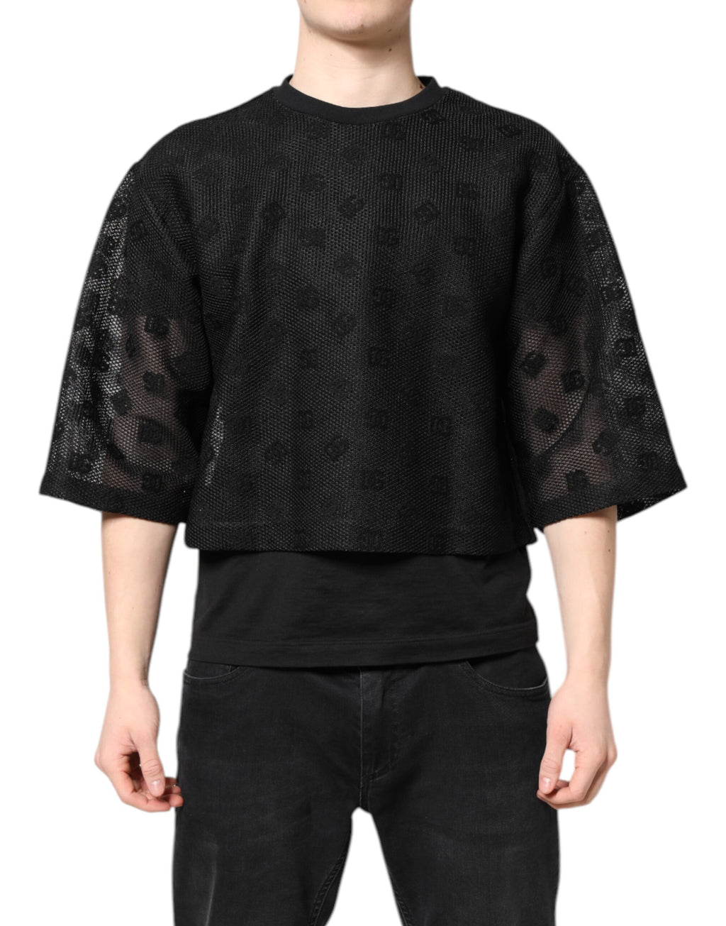 T-shirt noir Dolce & Gabbana à manches courtes, logo transparent, style décontracté, vue du devant avec détails du tissu.