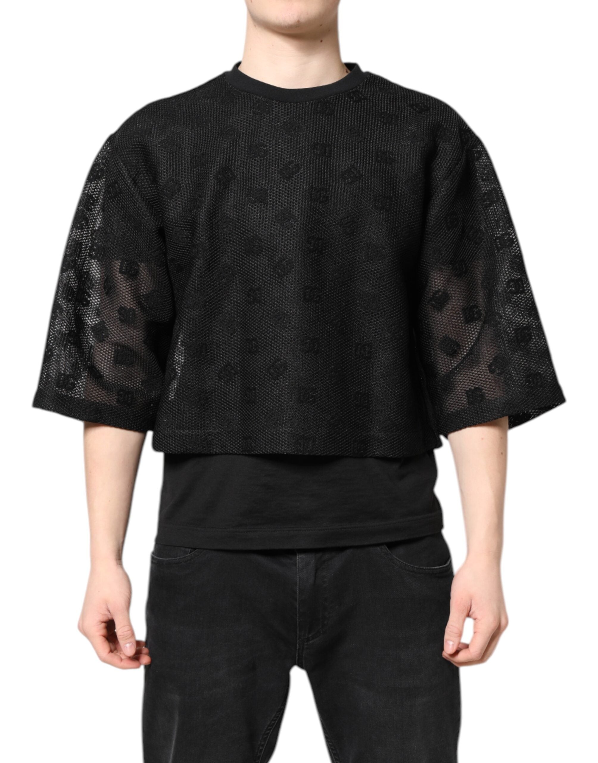 T-shirt noir Dolce & Gabbana à manches courtes, logo transparent, style décontracté, vue du devant avec détails du tissu.