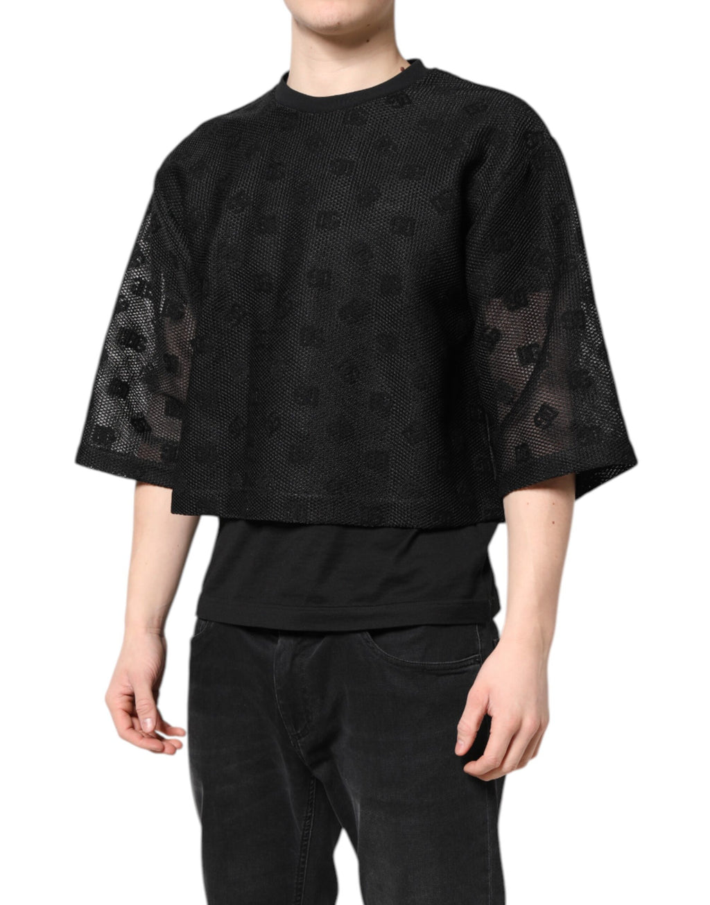 T-shirt noir à manches courtes Dolce & Gabbana avec logo transparent et design élégant, vue de face.