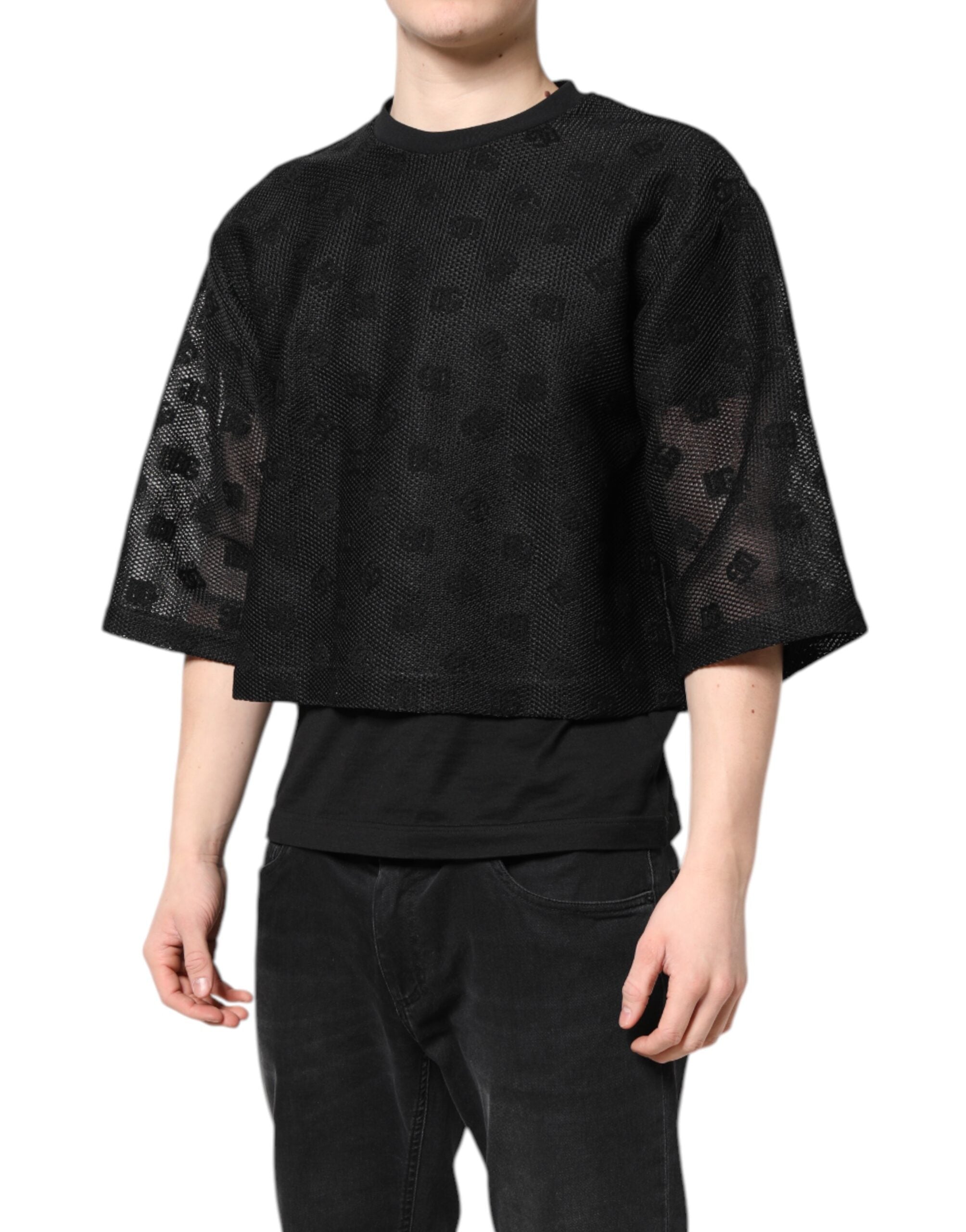 T-shirt noir à manches courtes Dolce & Gabbana avec logo transparent et design élégant, vue de face.