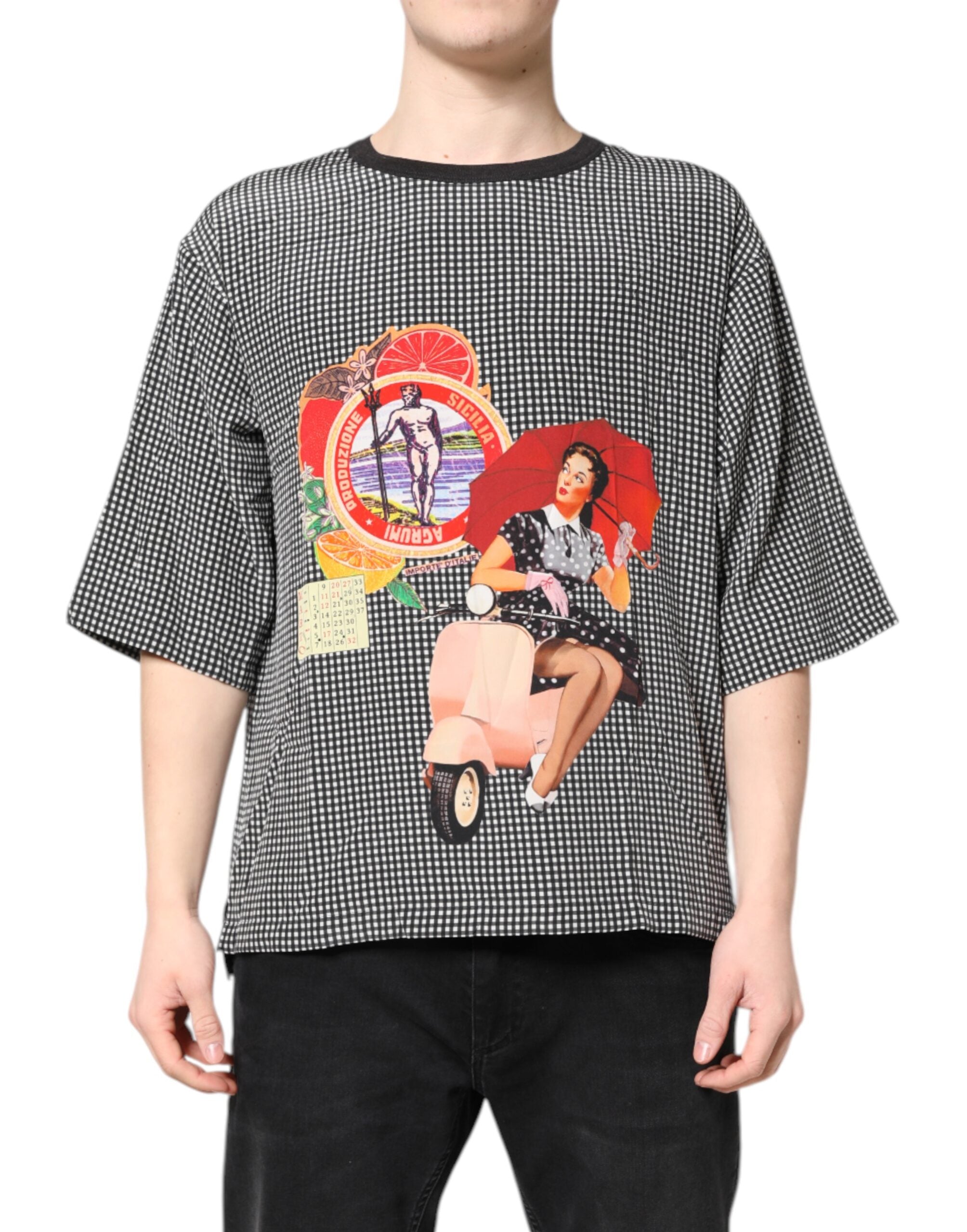 T-shirt à manches courtes Dolce & Gabbana noir avec motif graphique coloré, coton, style moderne et tendance.