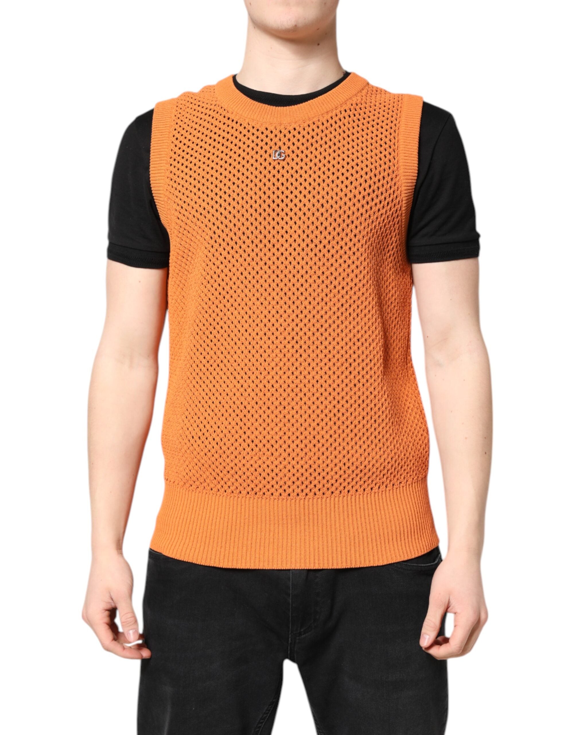T-shirt sans manches en cachemire orange Dolce & Gabbana avec col rond, vue de face.