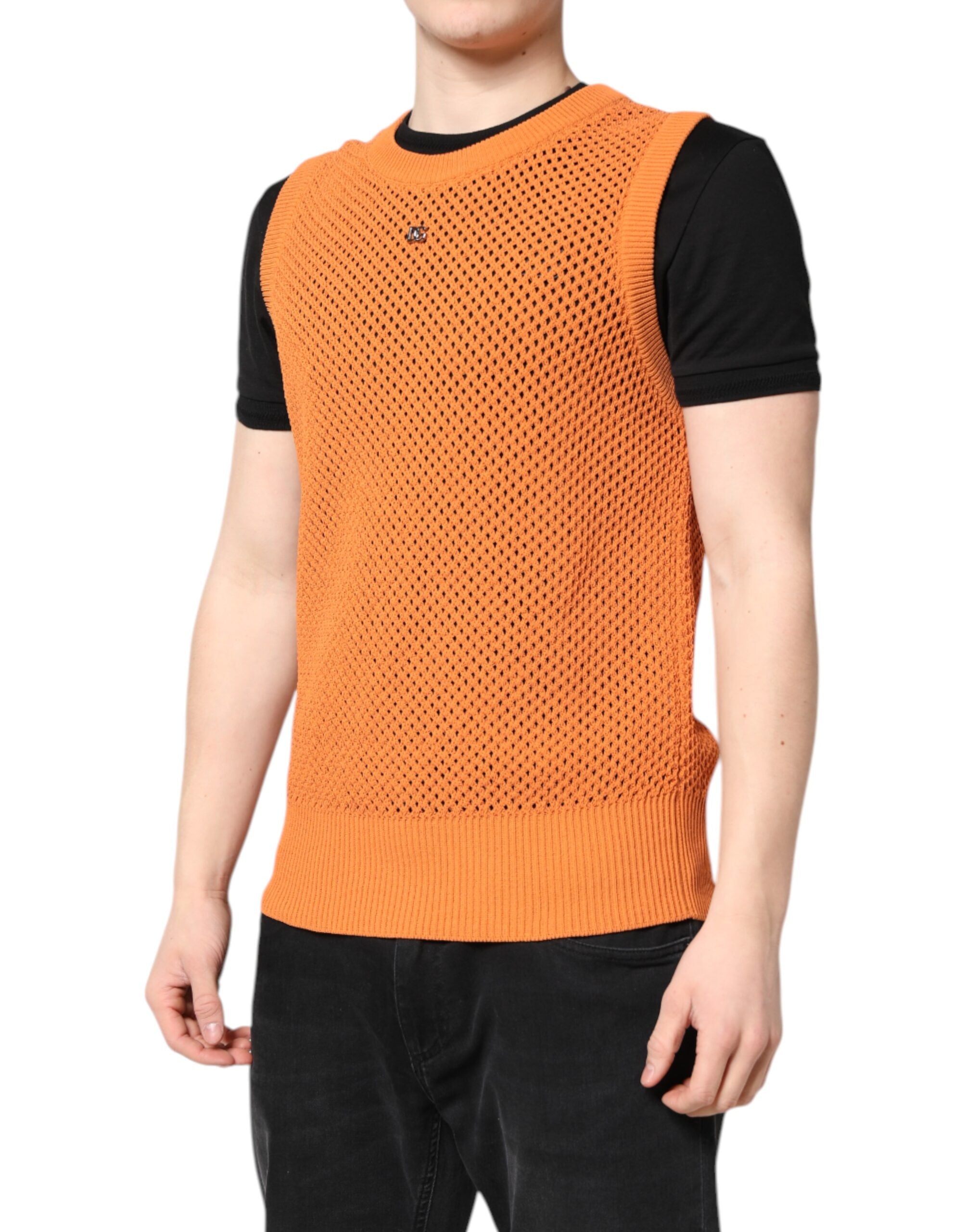 T-shirt sans manches en cachemire orange de Dolce & Gabbana avec col rond, mode élégante et confortable.