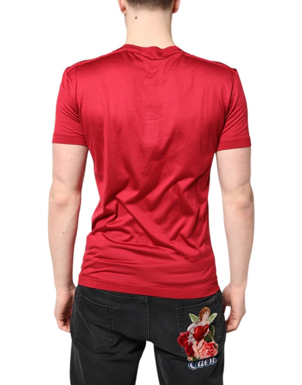 T-shirt à manches courtes en soie rouge Dolce & Gabbana avec logo DG et couronne.
