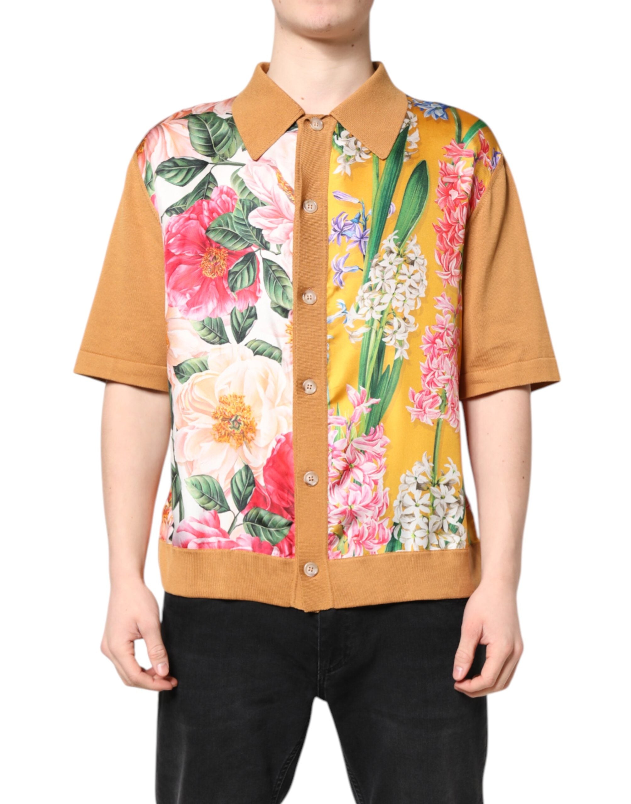 T-shirt Dolce & Gabbana à manches courtes beige avec motif floral et col, style décontracté pour homme.