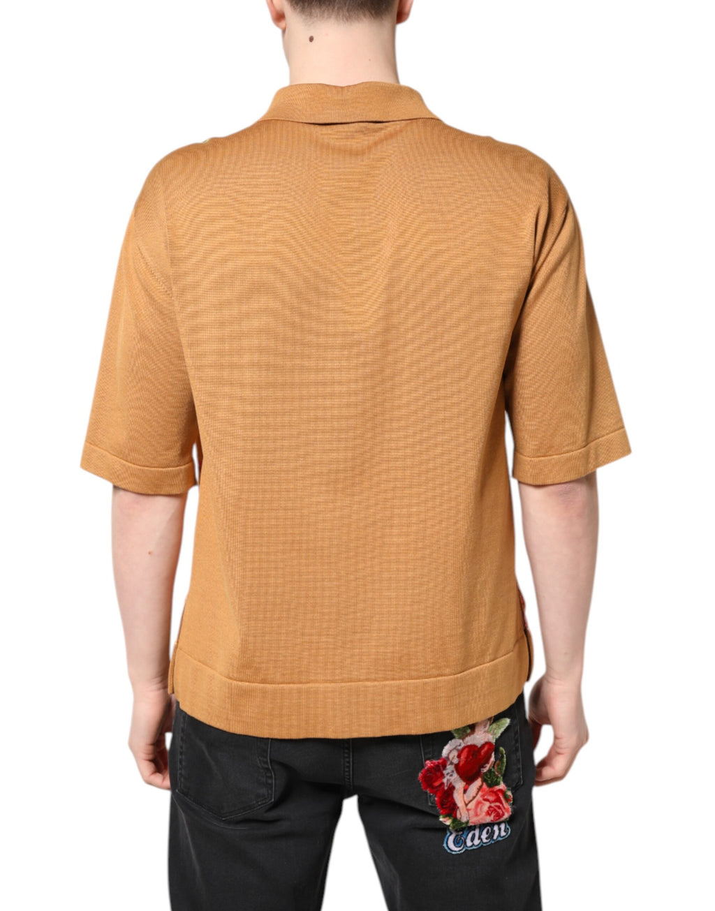 T-shirt courte à manches courtes Dolce & Gabbana avec col et motif floral marron, style élégant et tendance.