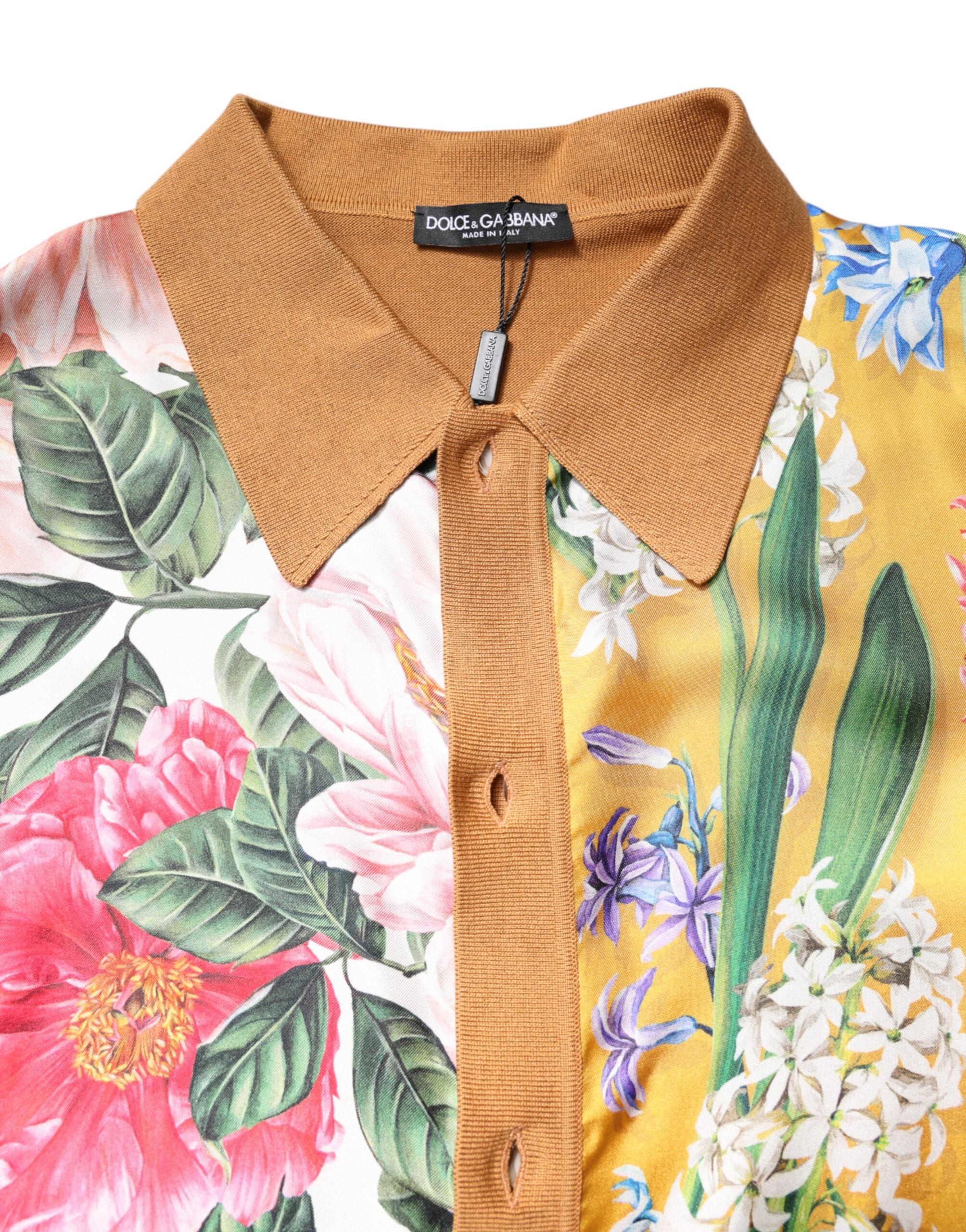 T-shirt courte à manches courtes Dolce & Gabbana, col floral marron, motif floral élégant sur coton.